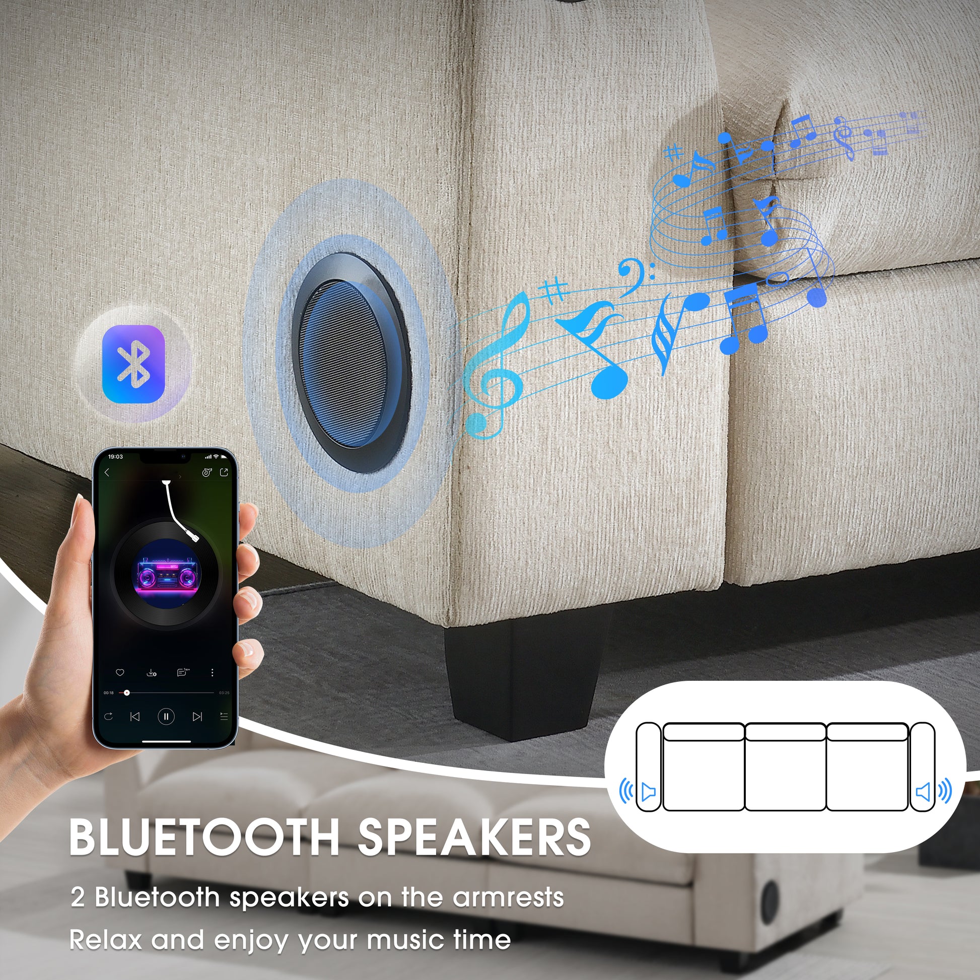Cream fabric sofa armrest with integrated bluetooth speaker and music notes
