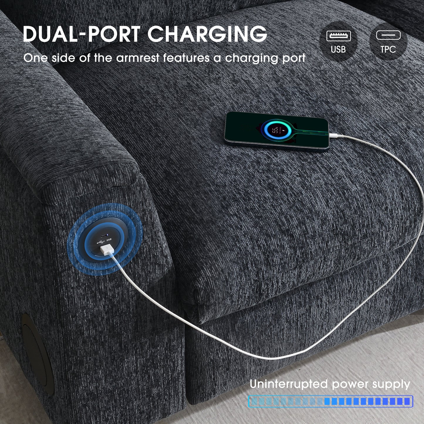 Dark gray recliner armrest with integrated USB charging port and phone plugged in