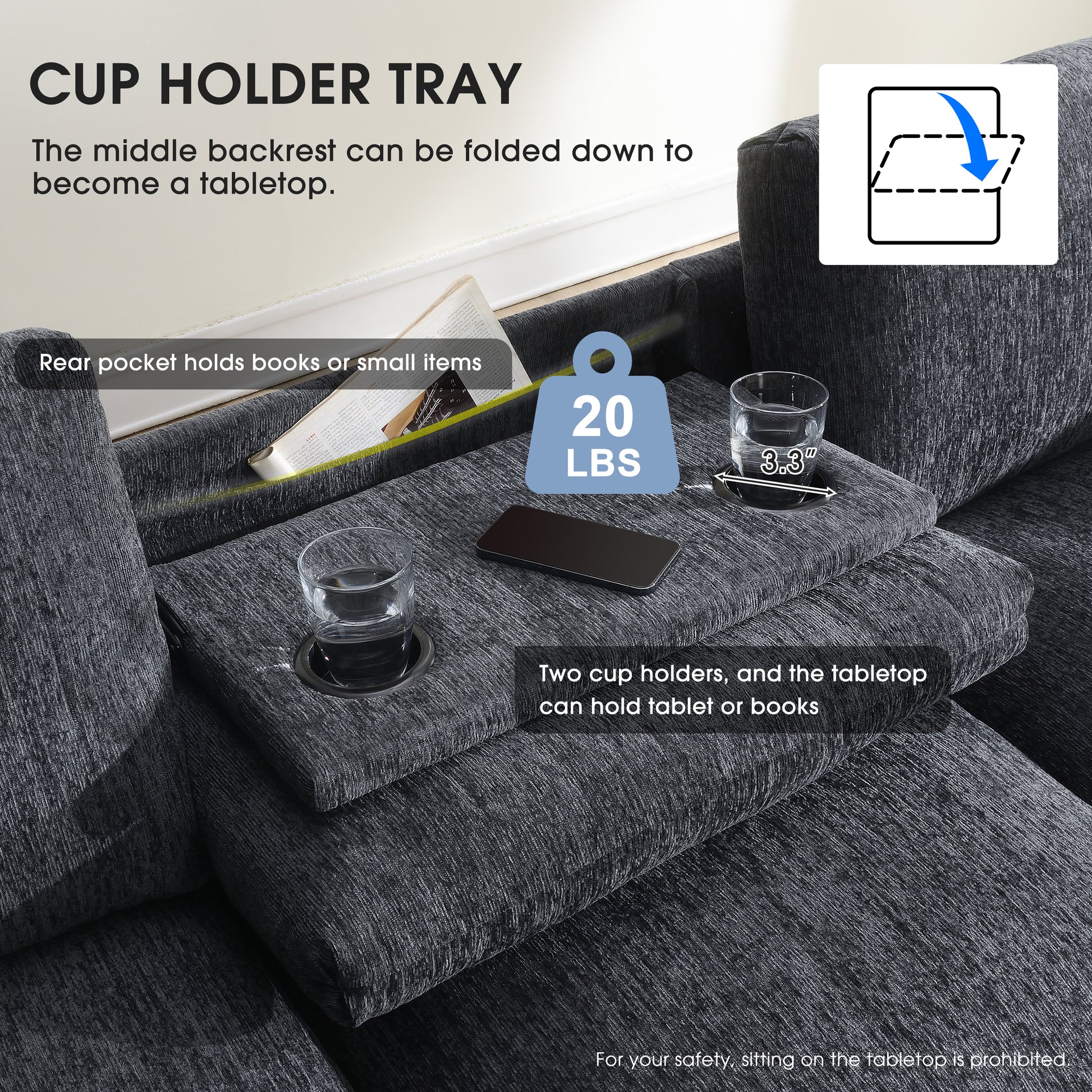 Dark grey fabric cup holder tray with two integrated holders and a foldable tabletop