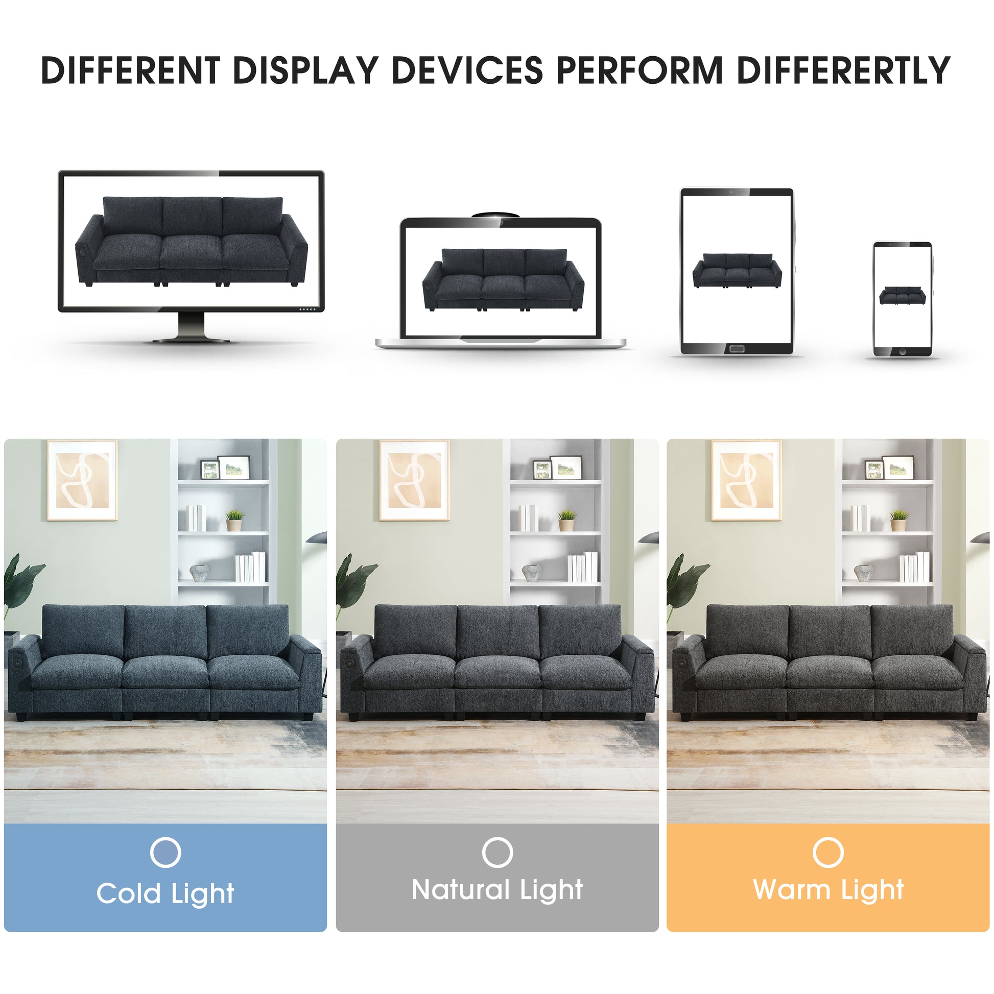 Charcoal fabric sofa with three plush cushions and subtle textured weave perfect for modern living rooms