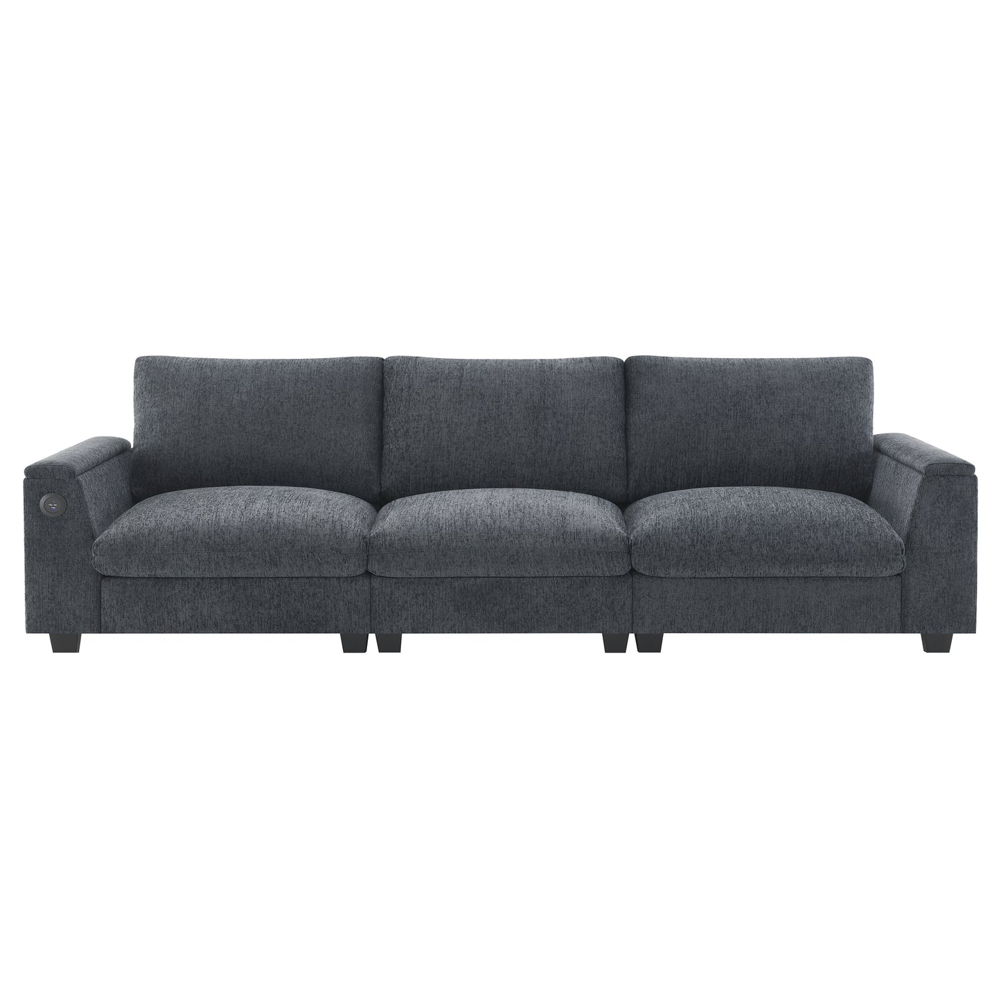 Dark gray upholstered threeseater sofa with integrated USB charger