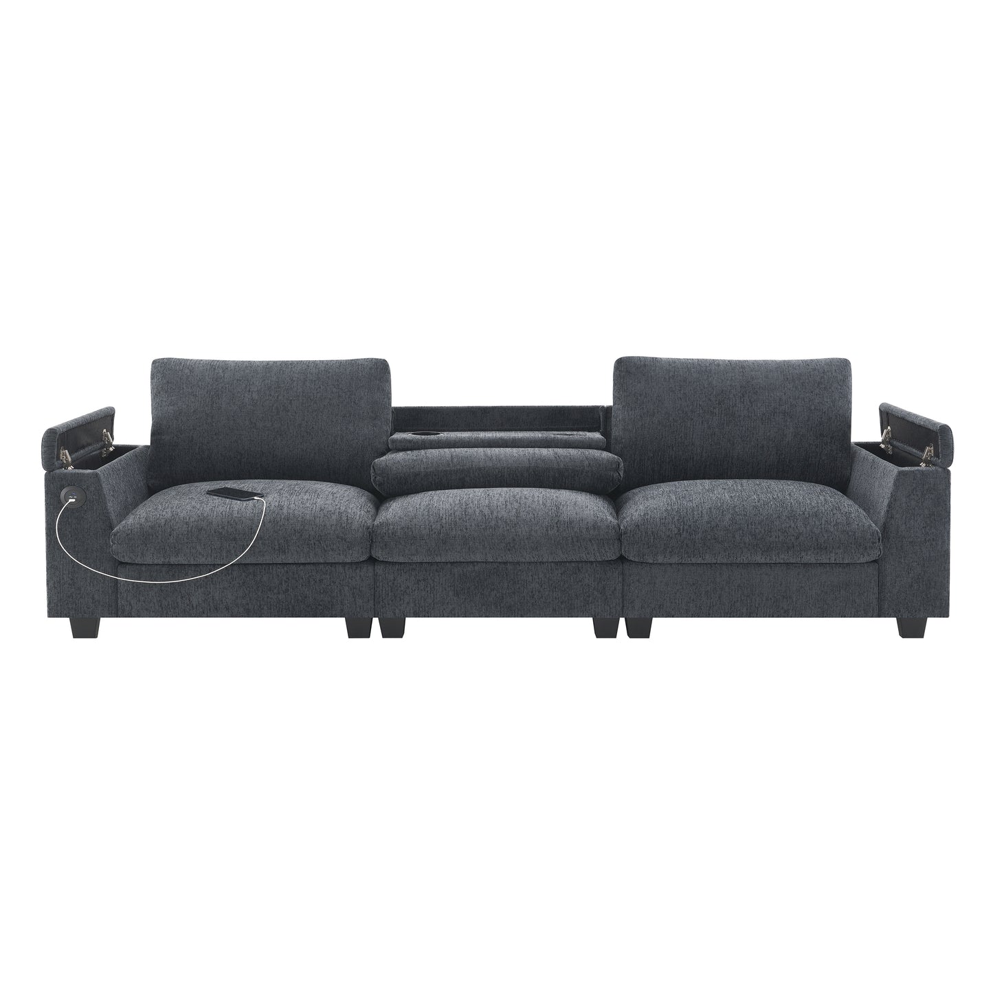 Dark grey fabric sofa with builtin USB ports and storage compartments on the arms