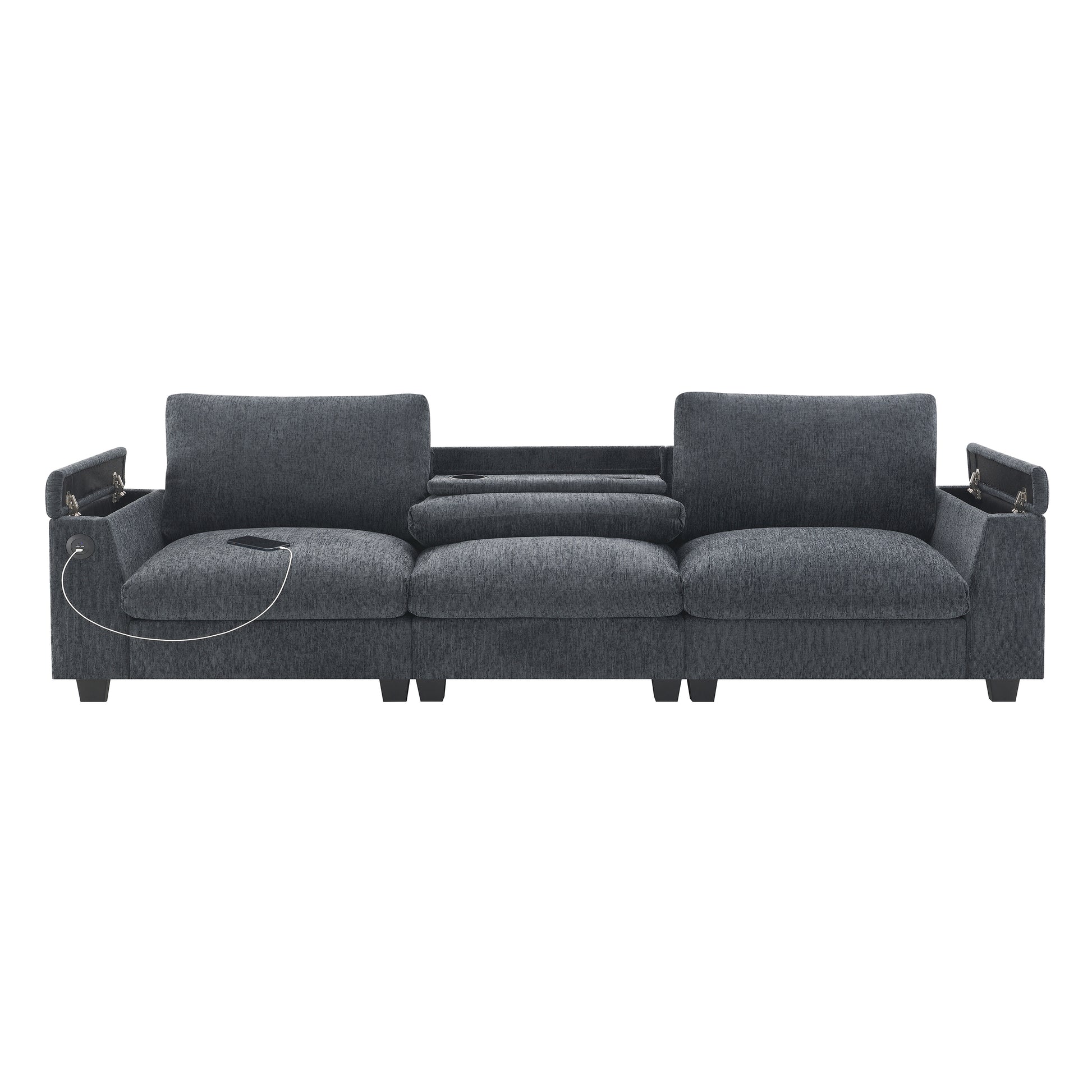 Dark grey fabric sofa with builtin USB ports and storage compartments on the arms