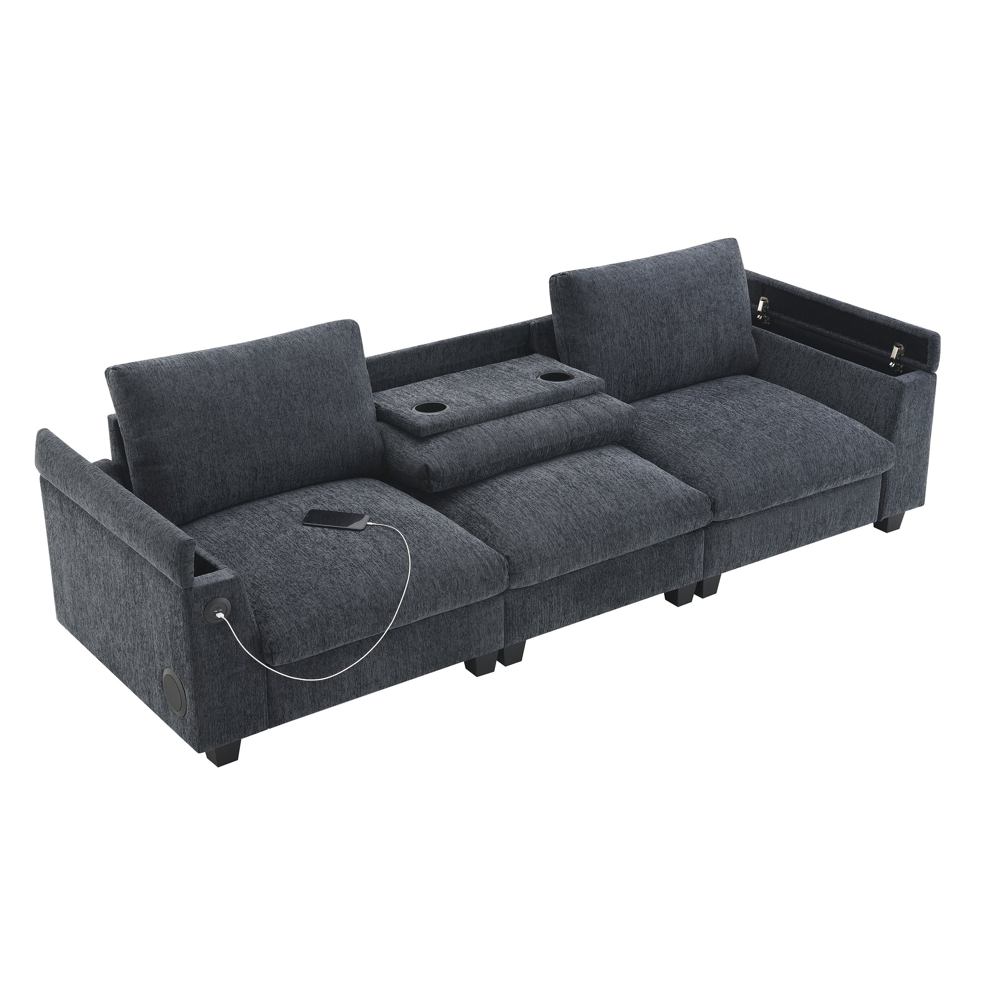Dark gray fabric sectional sofa with USB charging ports and cup holders