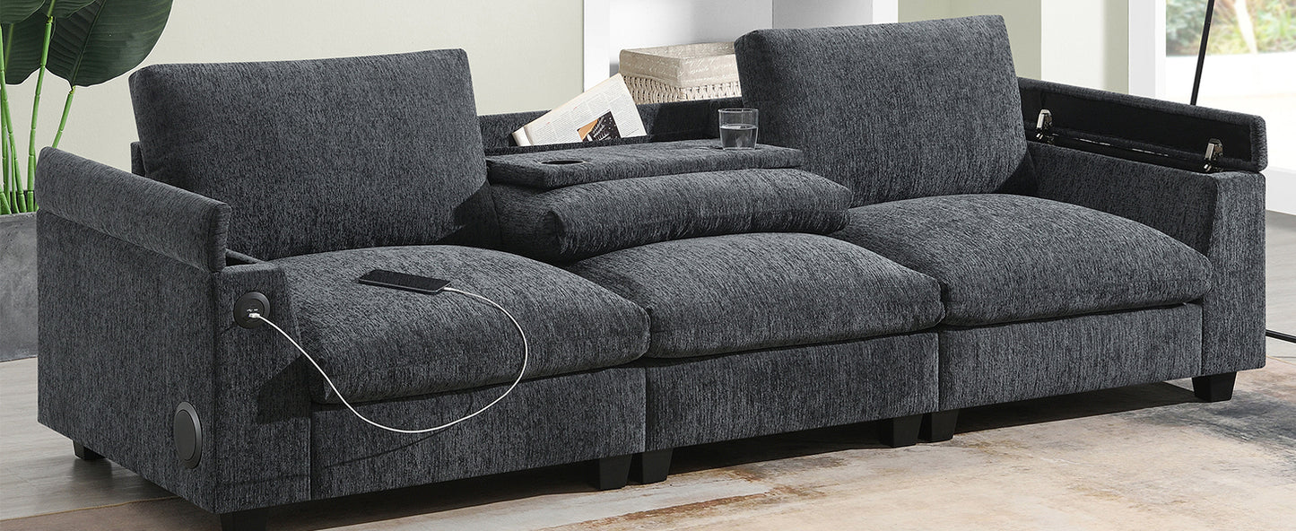 Dark gray upholstered modular sofa with builtin USB charging port for modern living