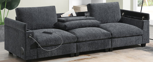 Dark gray upholstered modular sofa with builtin USB charging port for modern living