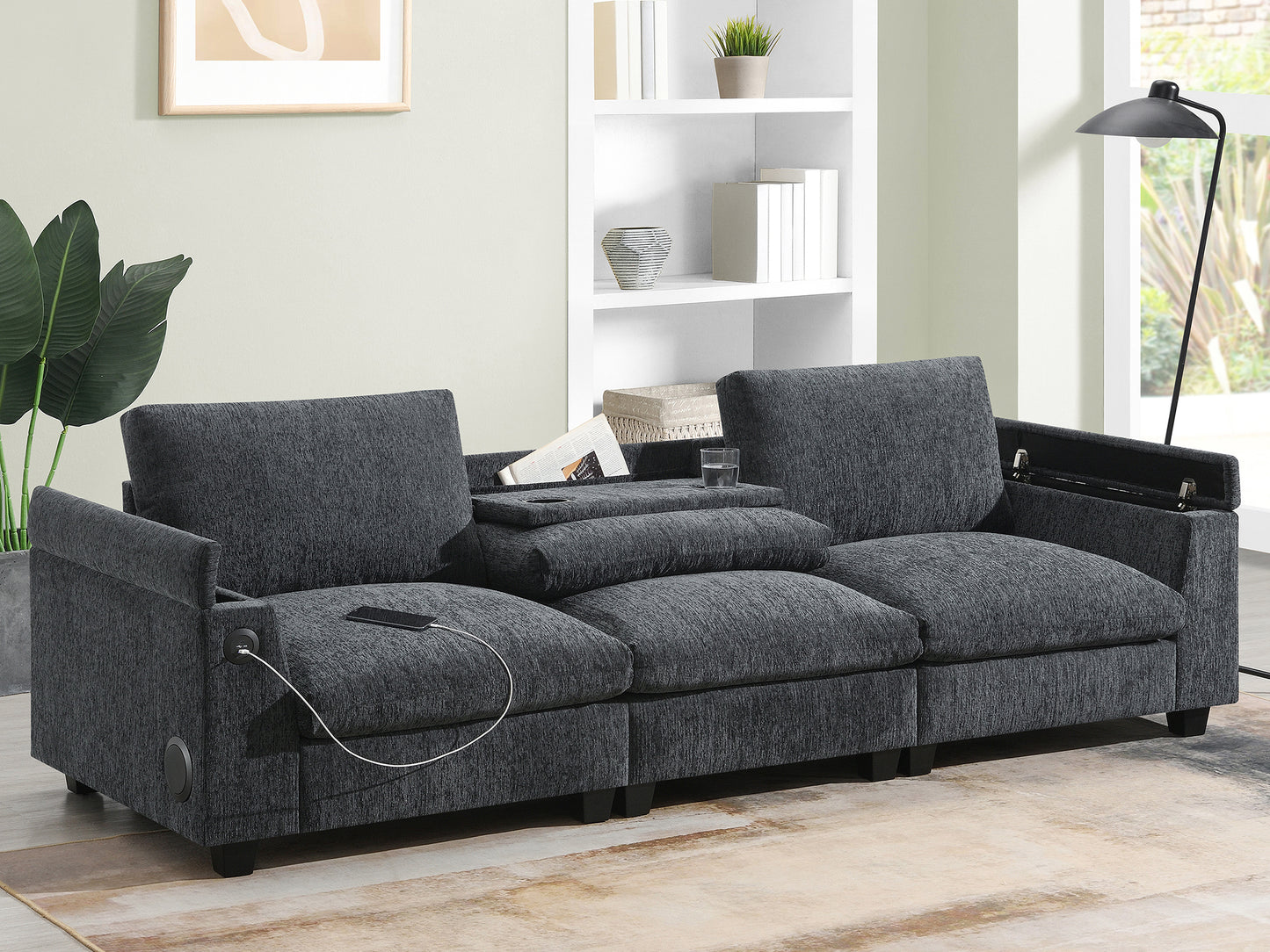 Dark gray fabric modular sectional sofa with integrated USB ports and hidden storage compartment