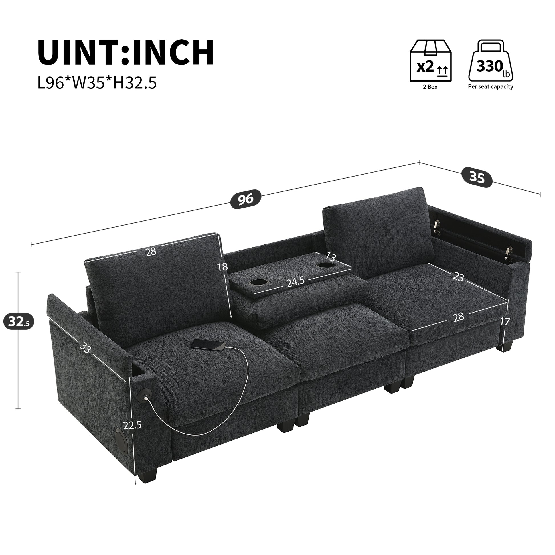 Dark gray sectional sofa with builtin USB charging ports and cup holders