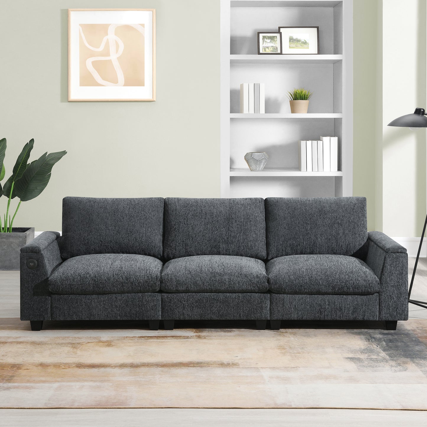 Dark gray textured fabric threeseater sofa with builtin USB charging ports