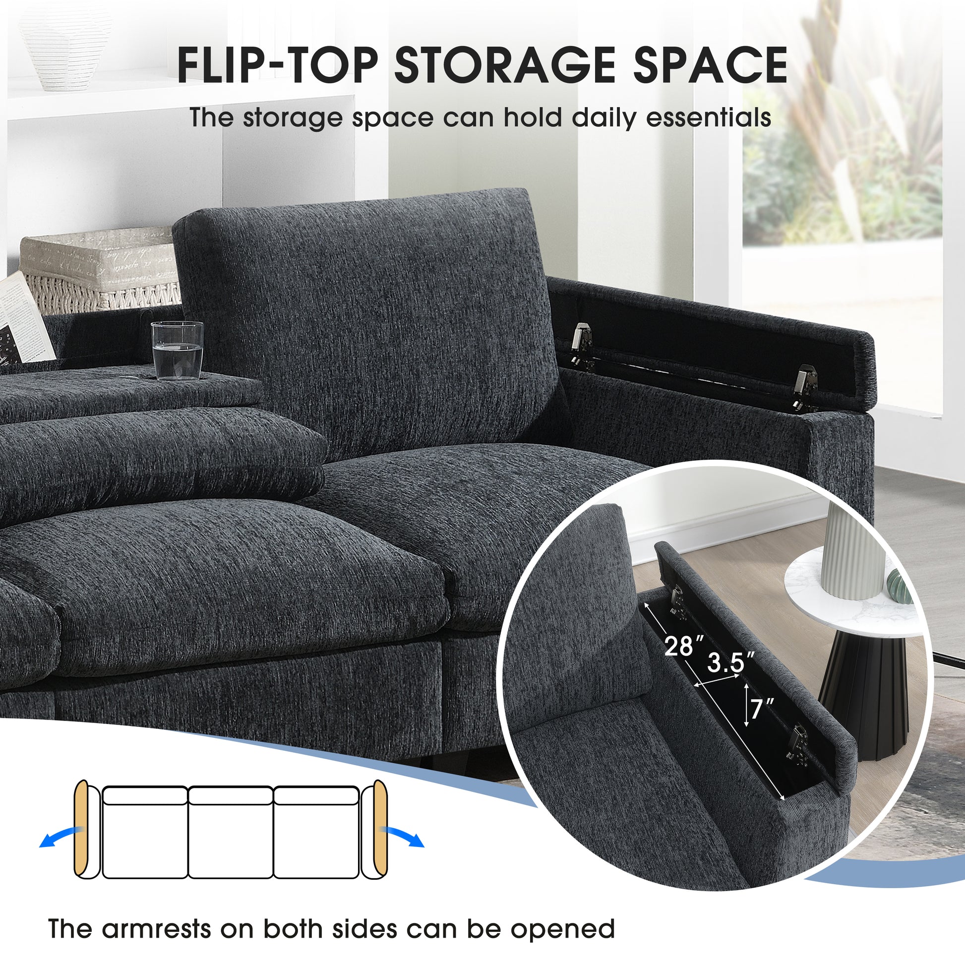 Dark gray upholstered couch with open fliptop storage armrest showcasing its capacity