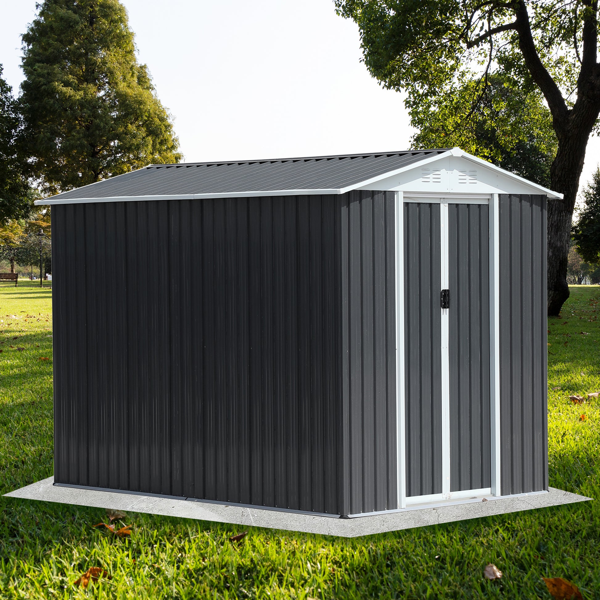 Dark gray metal garden shed with double doors ideal for outdoor storage
