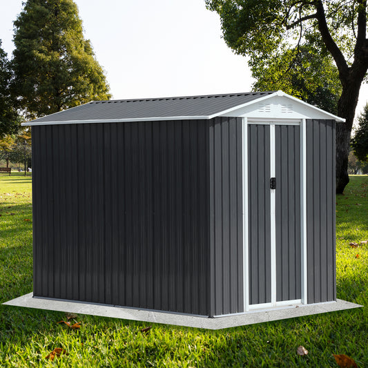 Dark gray metal garden shed with double doors ideal for outdoor storage