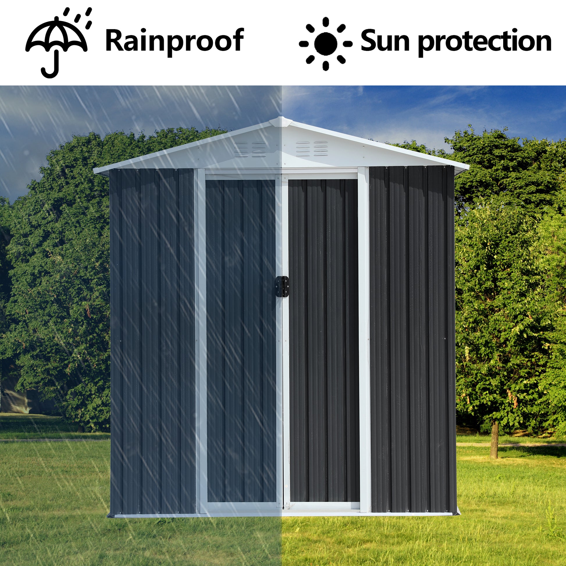 Dark gray metal garden shed with white trim and double doors