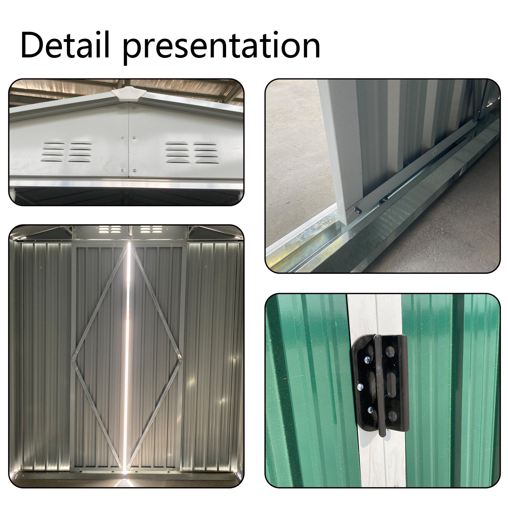 Closeup of metal garden shed roof vents for outdoor storage ventilation