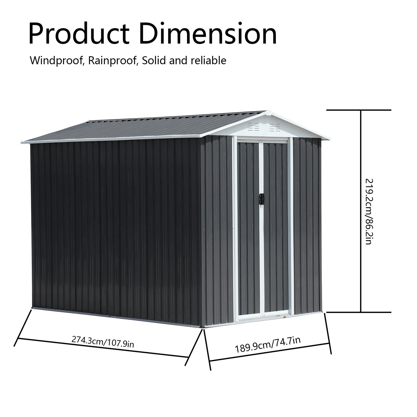 Dark gray metal storage shed with white trim and double doors dimensions shown