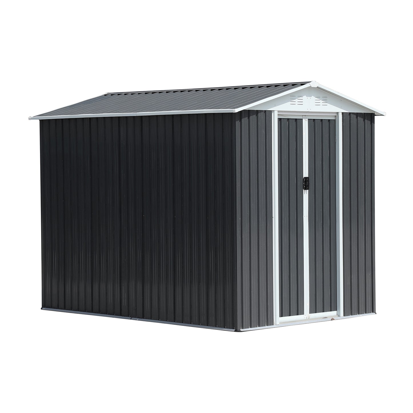Dark gray metal garden shed with double doors and a pitched roof ideal for outdoor storage