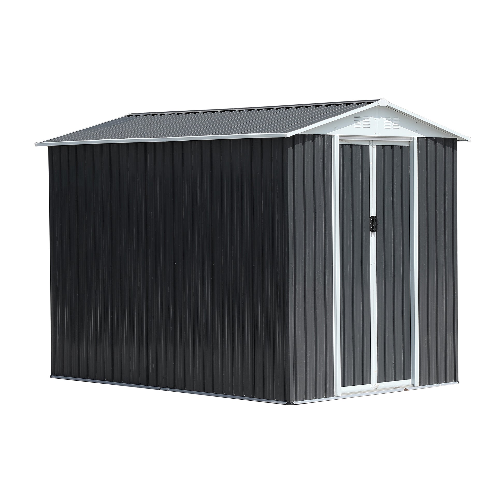 Dark gray metal garden shed with double doors and a pitched roof ideal for outdoor storage