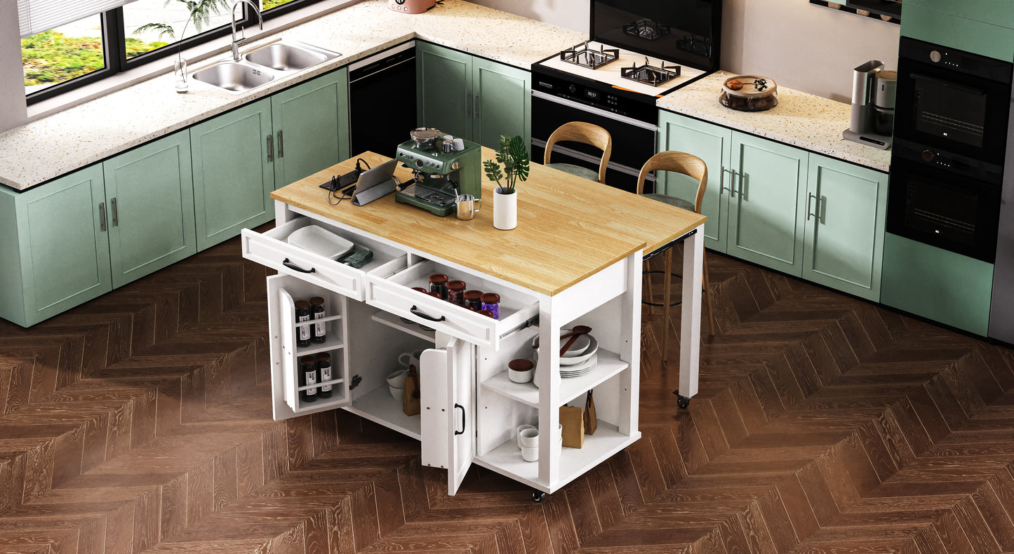 Green espresso machine on wooden kitchen island with open drawers