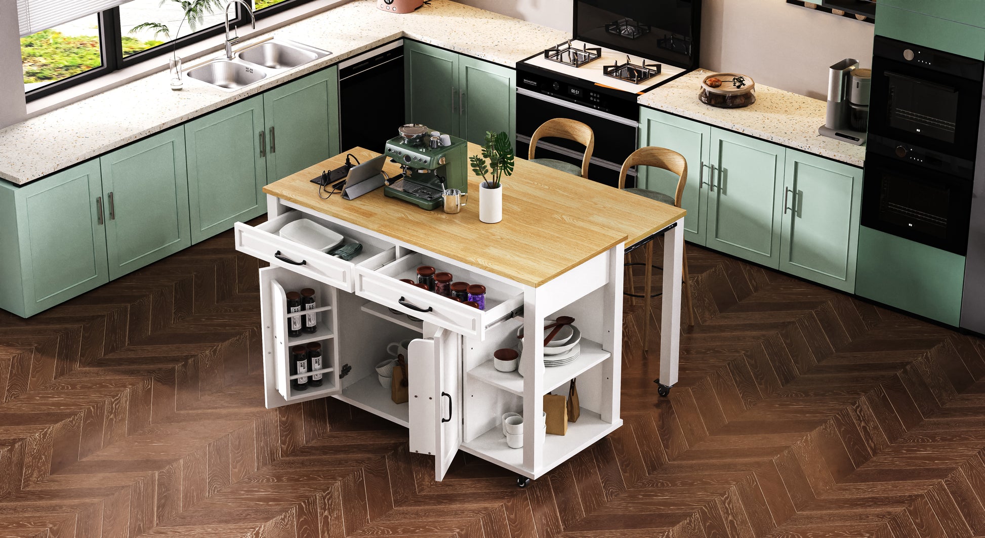 Green espresso machine on wooden kitchen island with open drawers