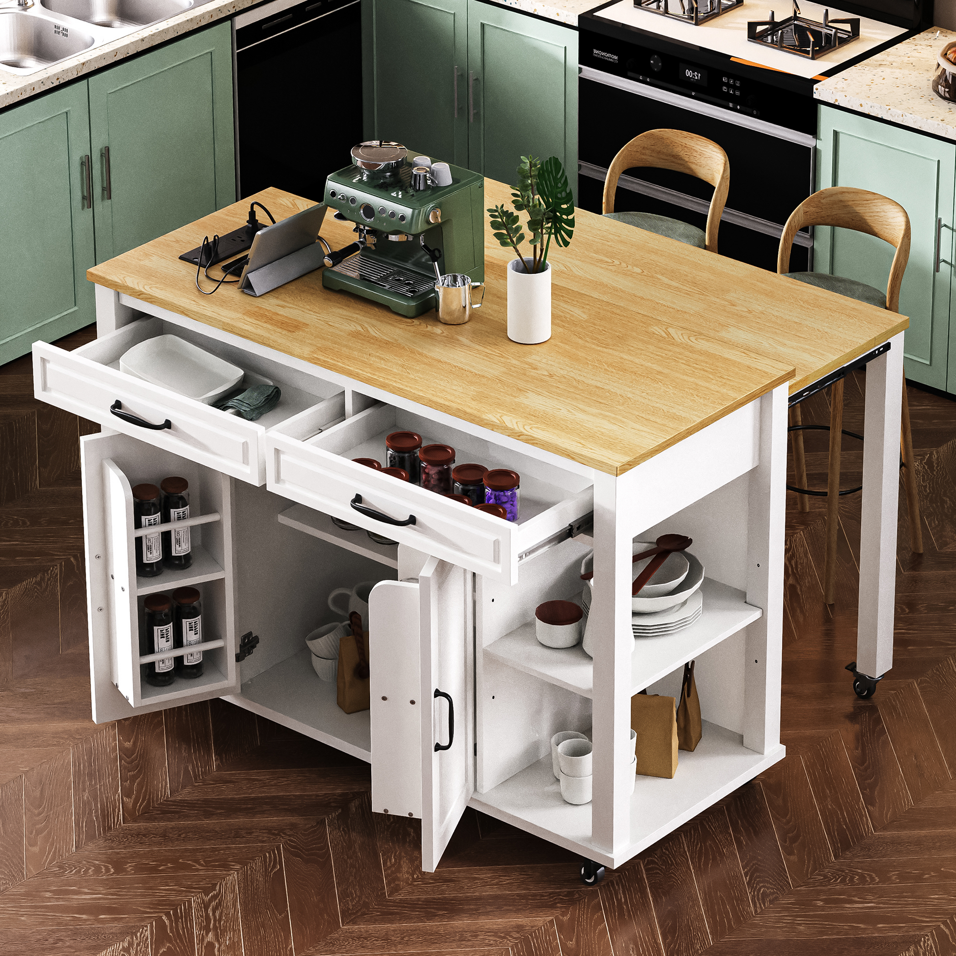 Green espresso machine with chrome accents on a kitchen island countertop