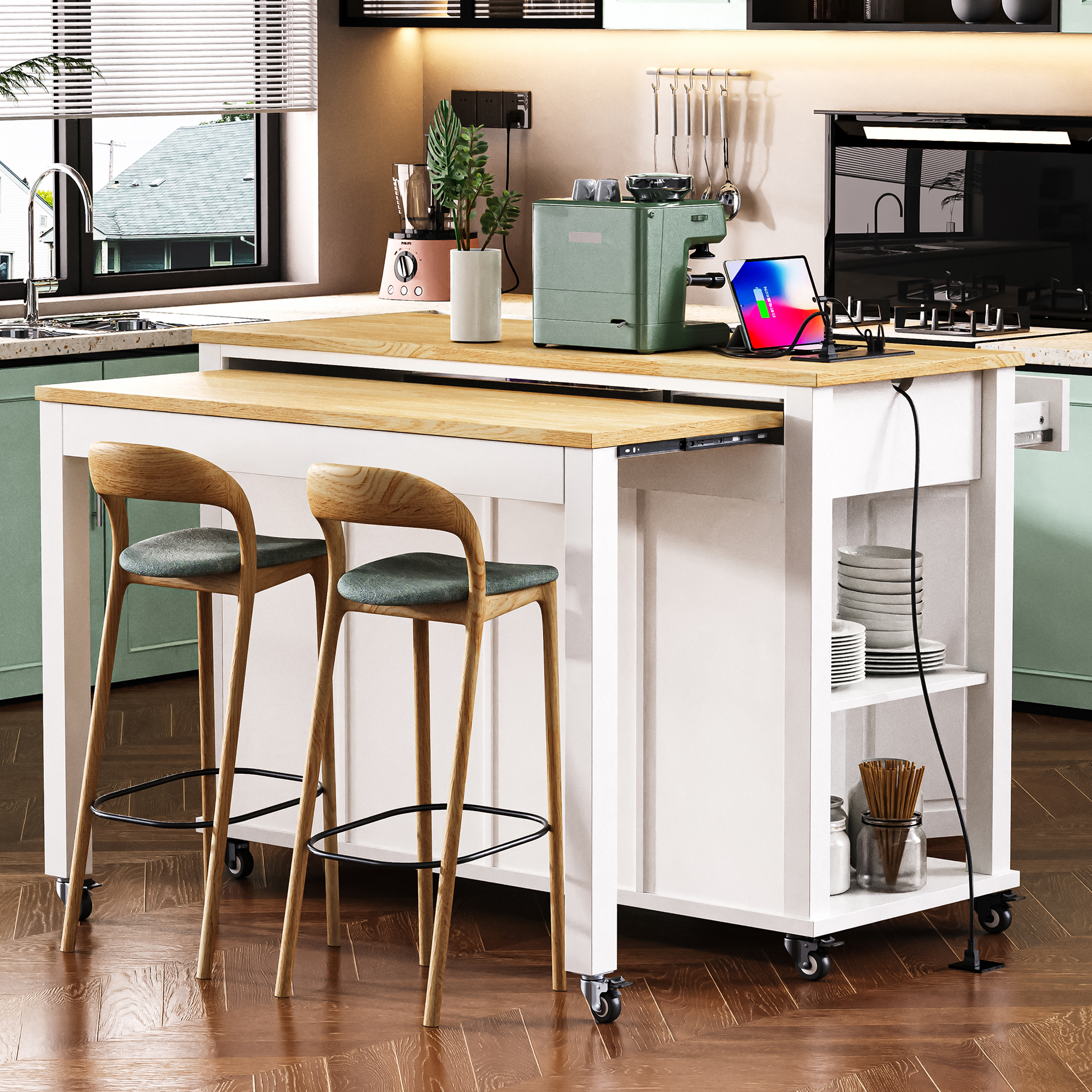 Kitchen island with butcher block countertop and storage shelves featuring two wooden bar stools