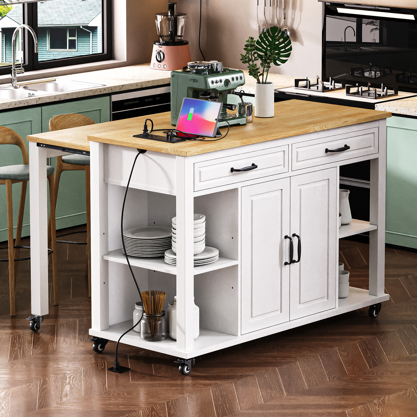 White kitchen island cart with butcher block top and dual cabinets for storage