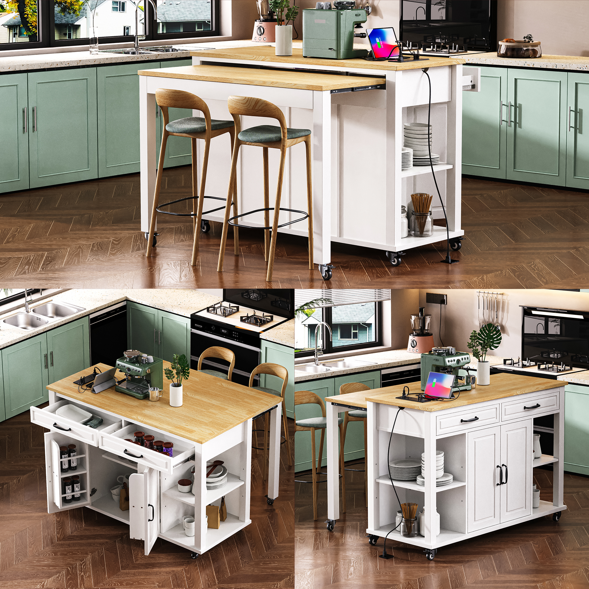 White kitchen island cart with a pullout table wood top and storage drawers featuring bar stools