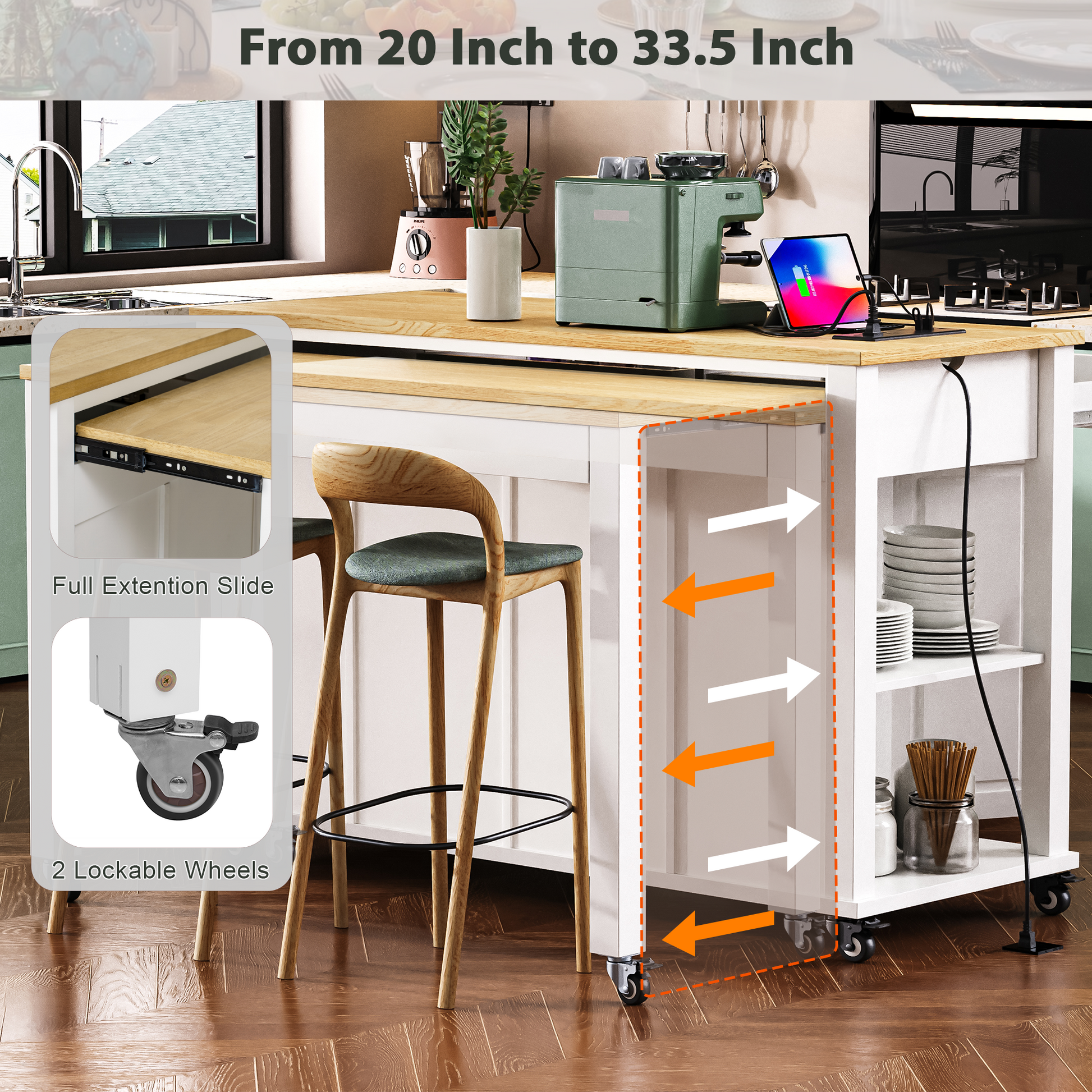 White kitchen island with natural wood countertop bar stools and storage shelves