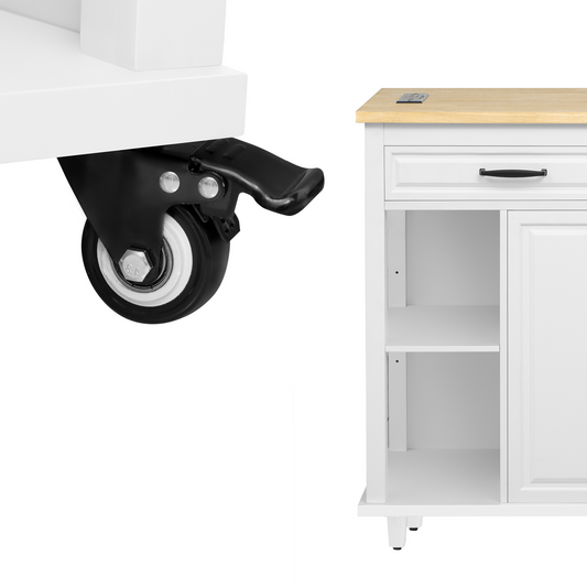 White kitchen island cart with locking caster wheel for easy mobility