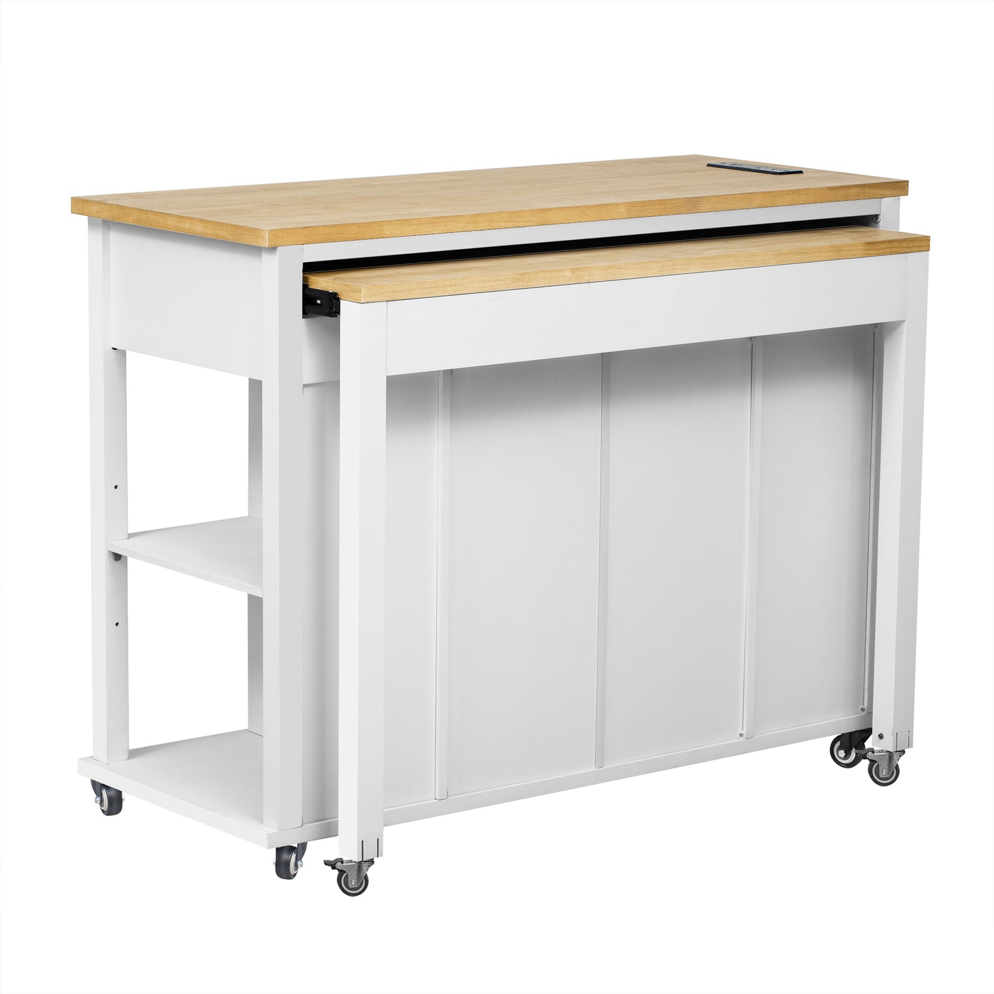 White kitchen island cart with natural wood top and pullout drawer