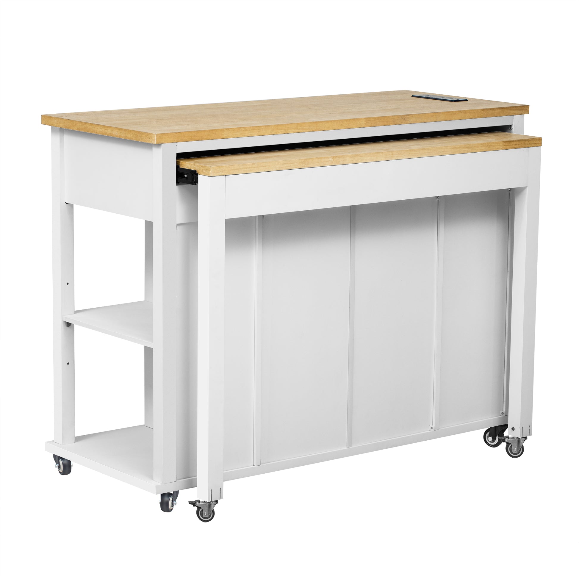 White kitchen island cart with natural wood top and pullout drawer