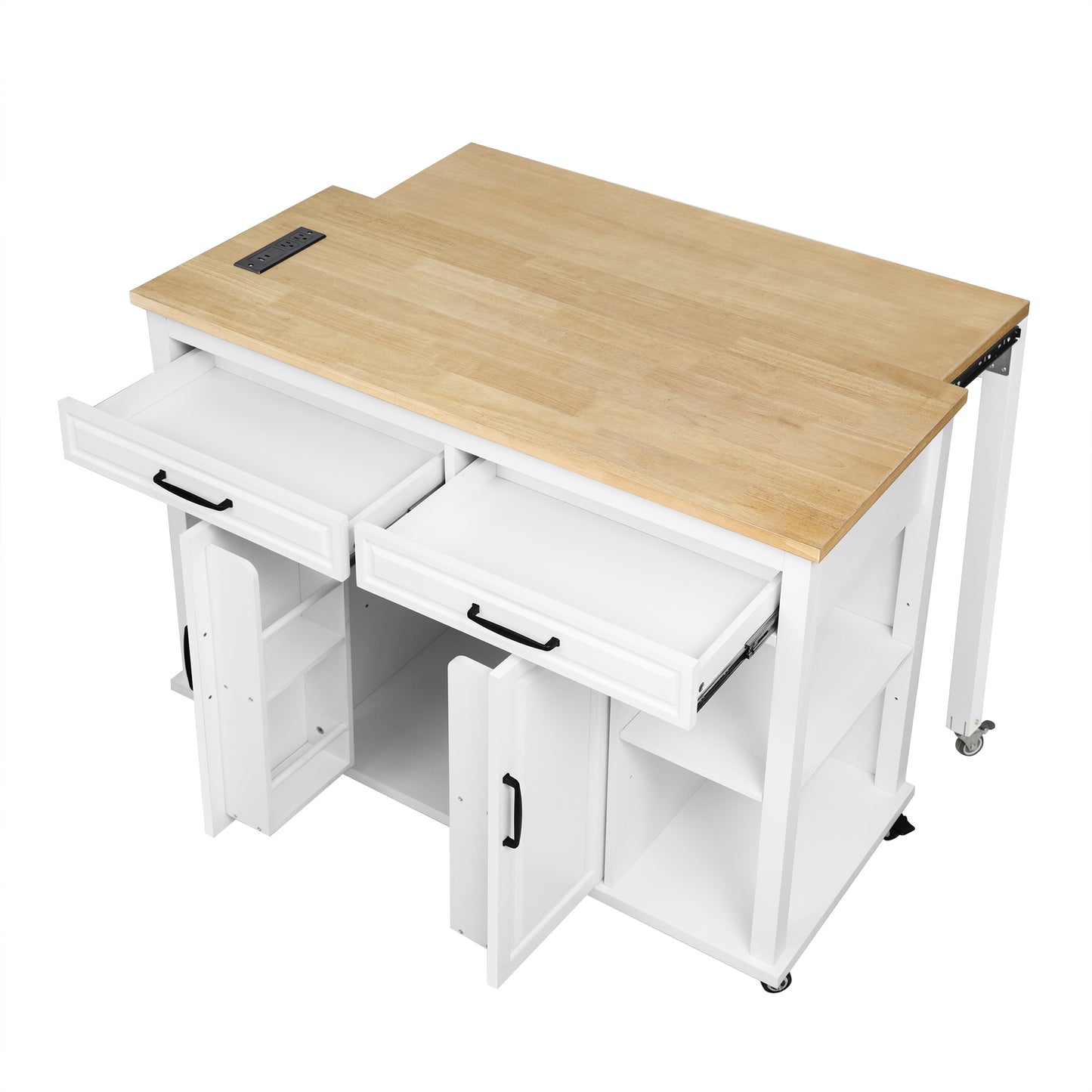 White kitchen island with butcher block top and builtin power outlet
