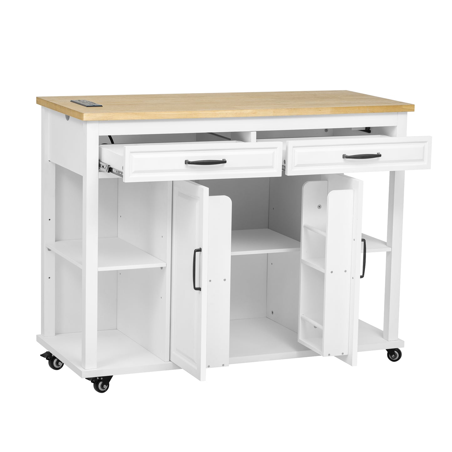 White kitchen cart with wood top two drawers two cabinets and wheels for easy mobility