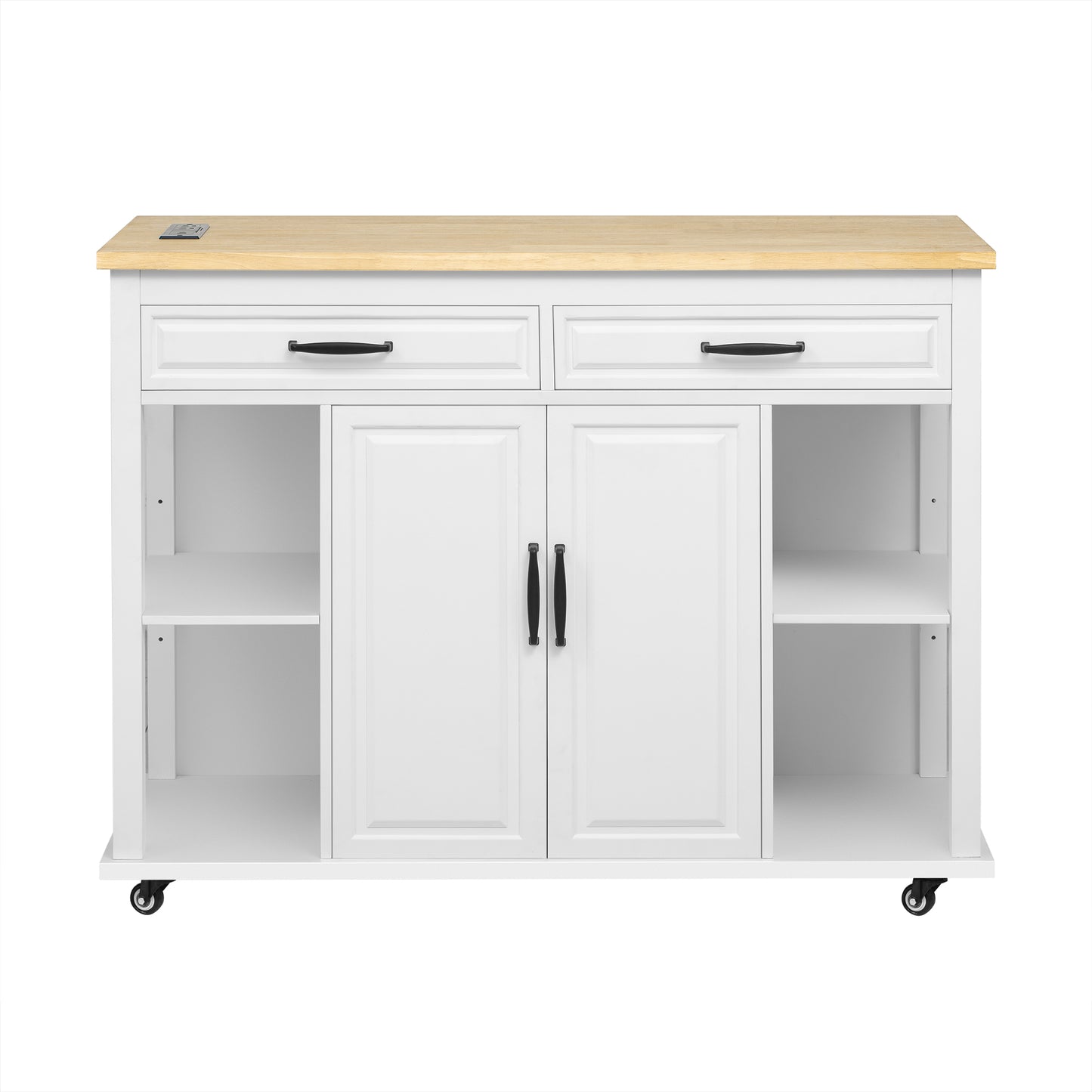 White kitchen island cart with natural wood top two drawers two doors and open shelves on wheels