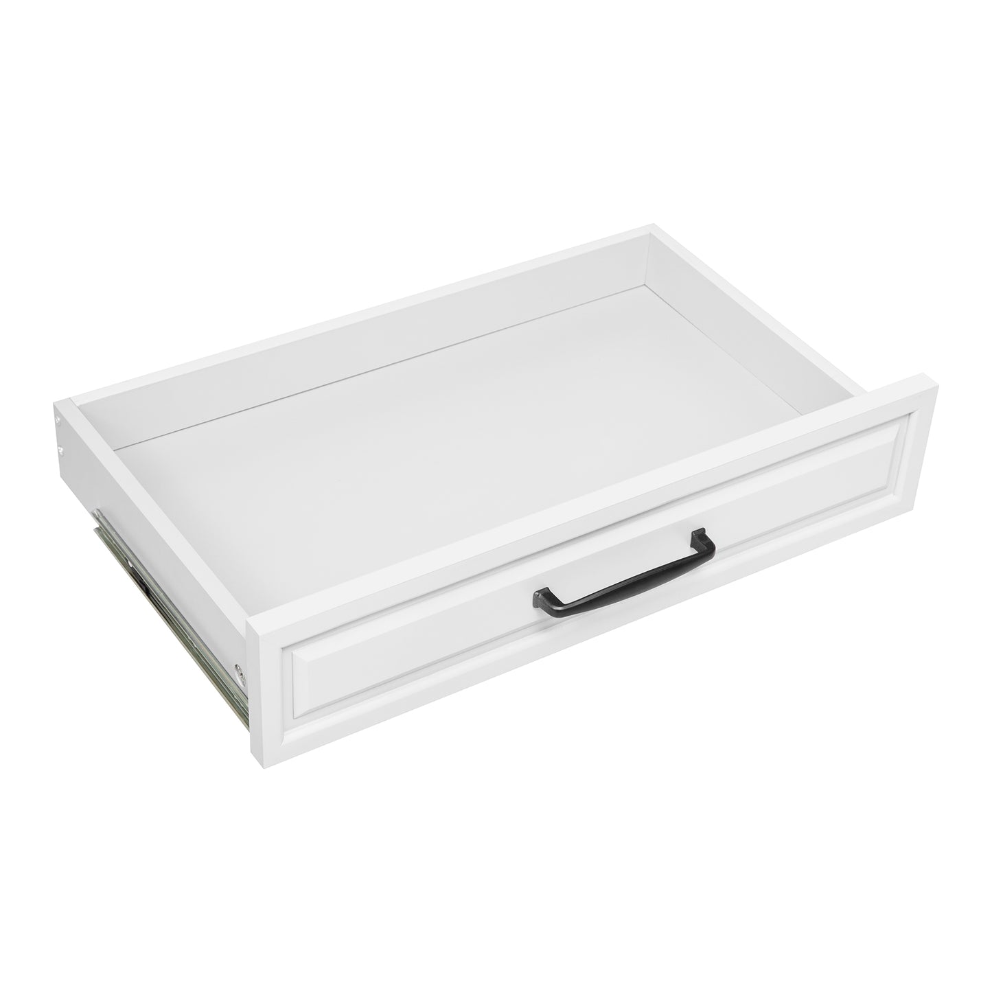 White wooden cabinet drawer with black pull handle and metal slides for bedroom storage