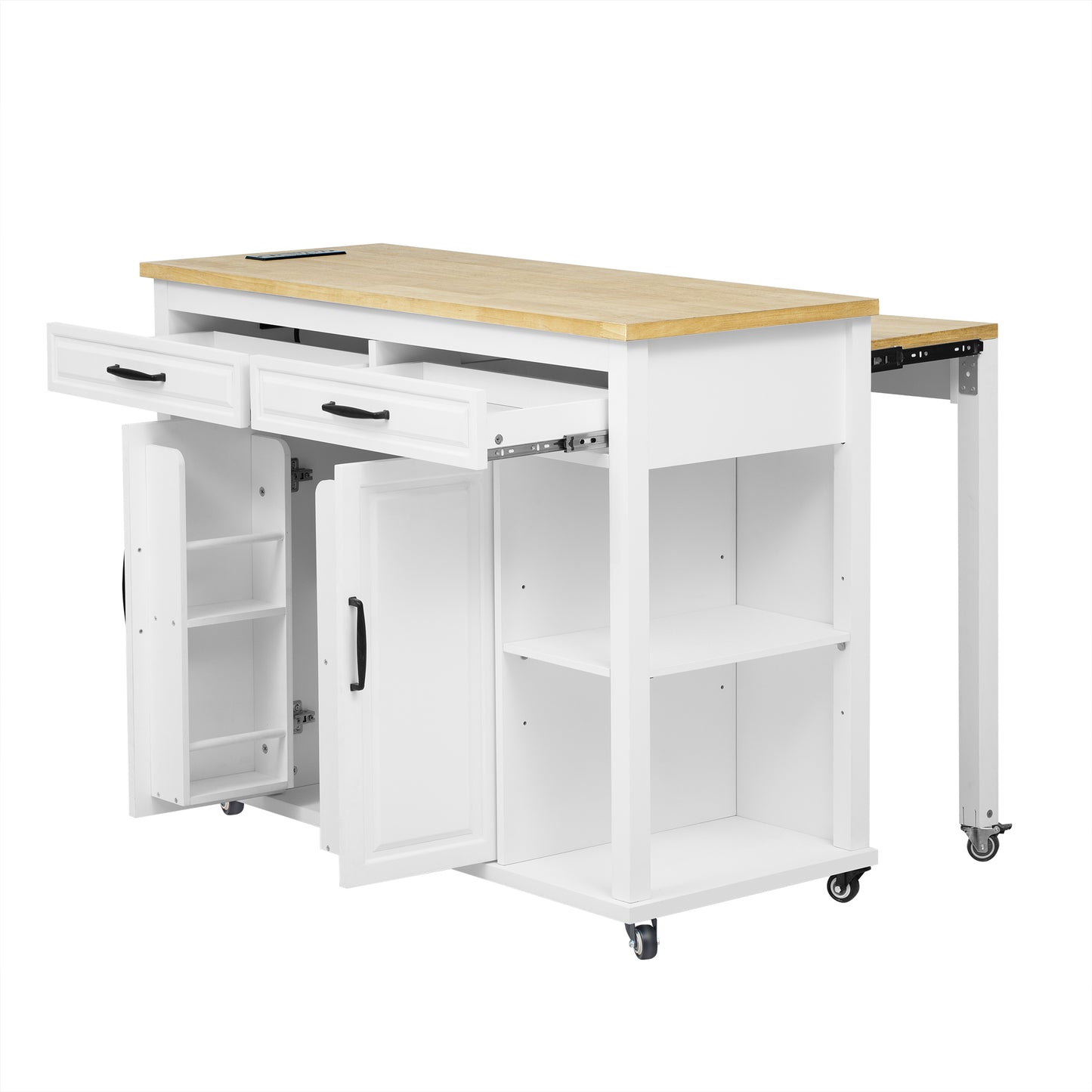 White kitchen cart with wooden top two drawers and open shelving
