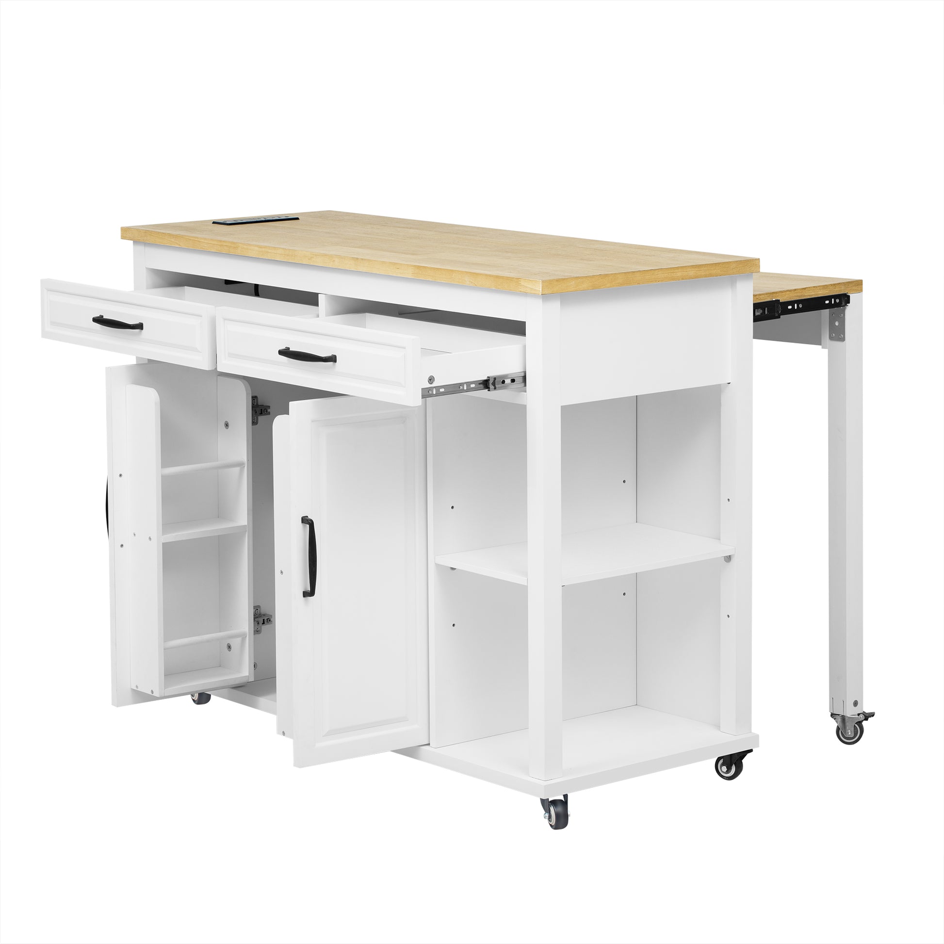 White kitchen cart with wooden top two drawers and open shelving