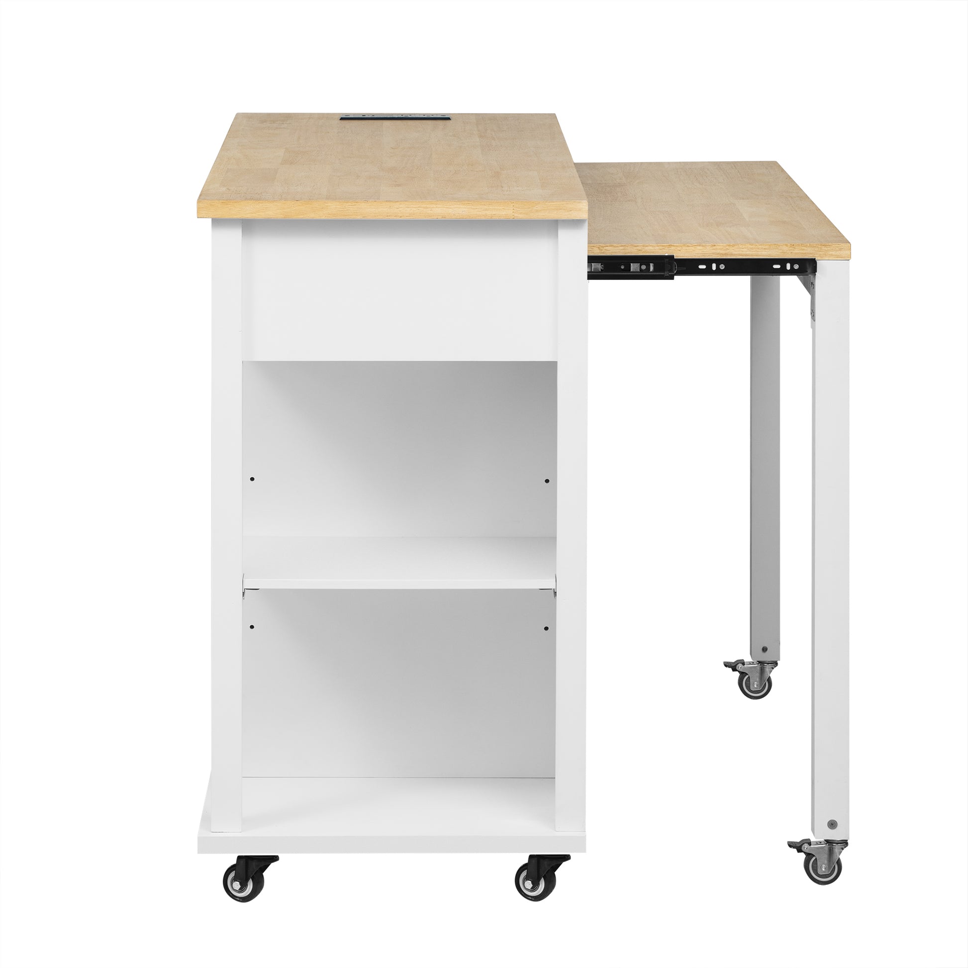 White kitchen island cart with butcher block top and pullout extension perfect for small kitchens