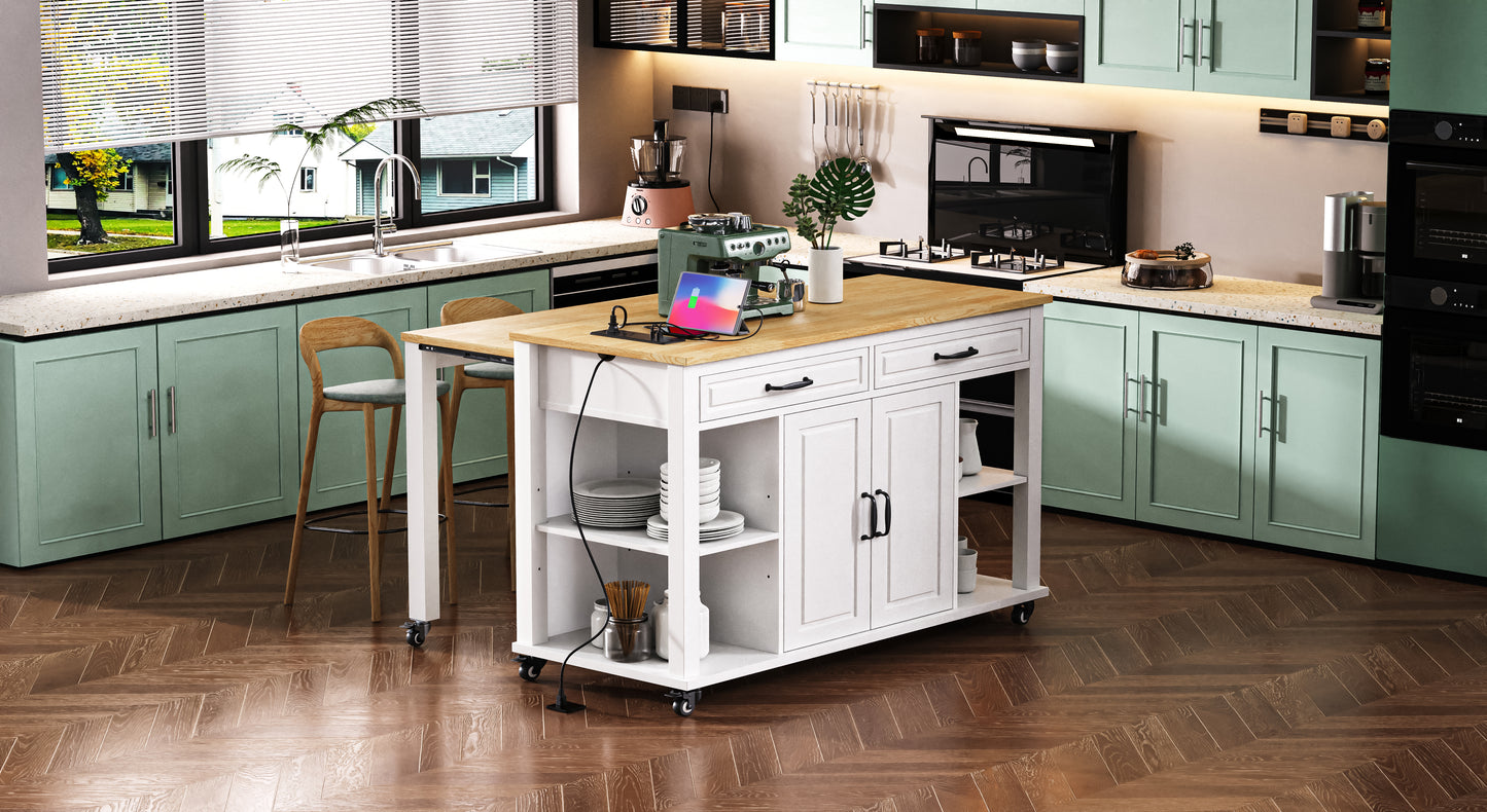 White rolling kitchen island with butcher block top ample storage and charging station