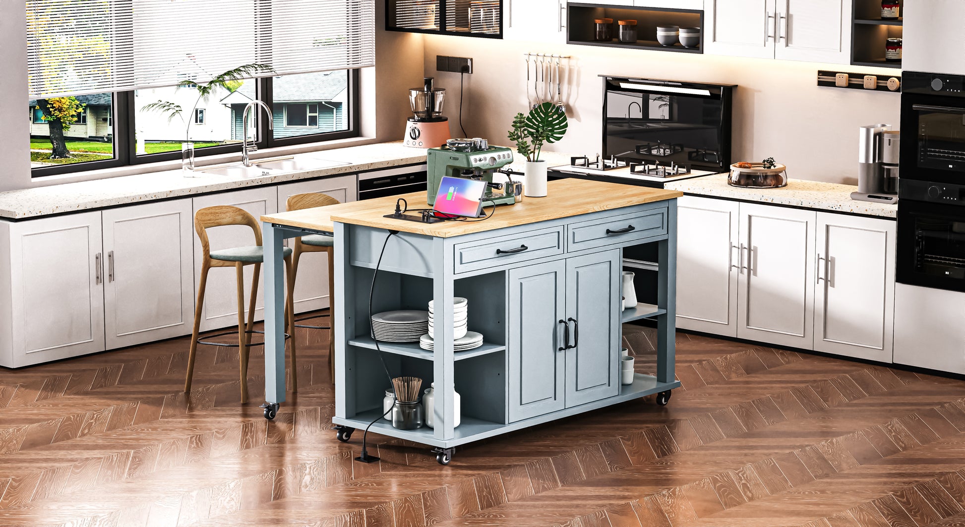 Pastel blue kitchen island with natural wood countertop and casters storing plates