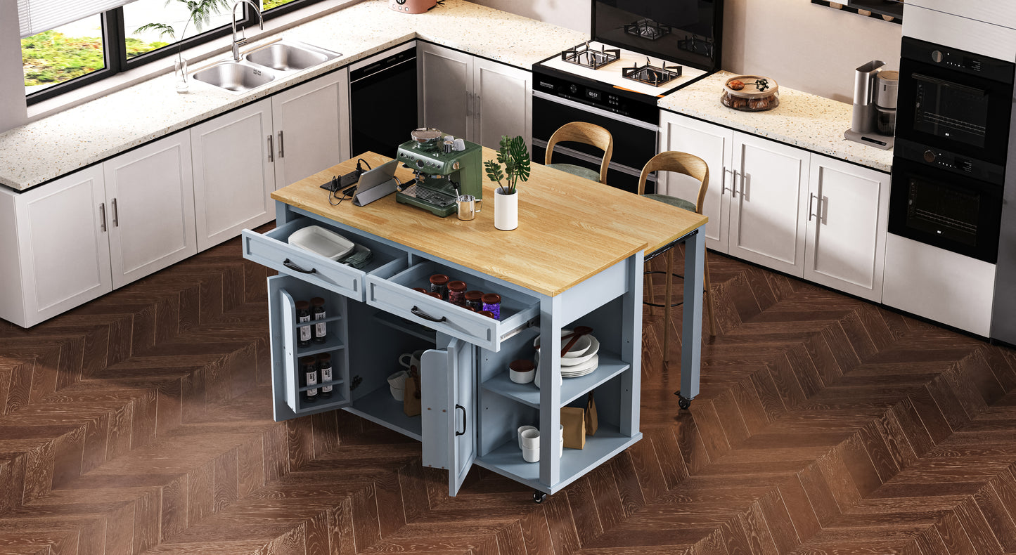 Green vintage espresso machine on kitchen island with wooden countertop