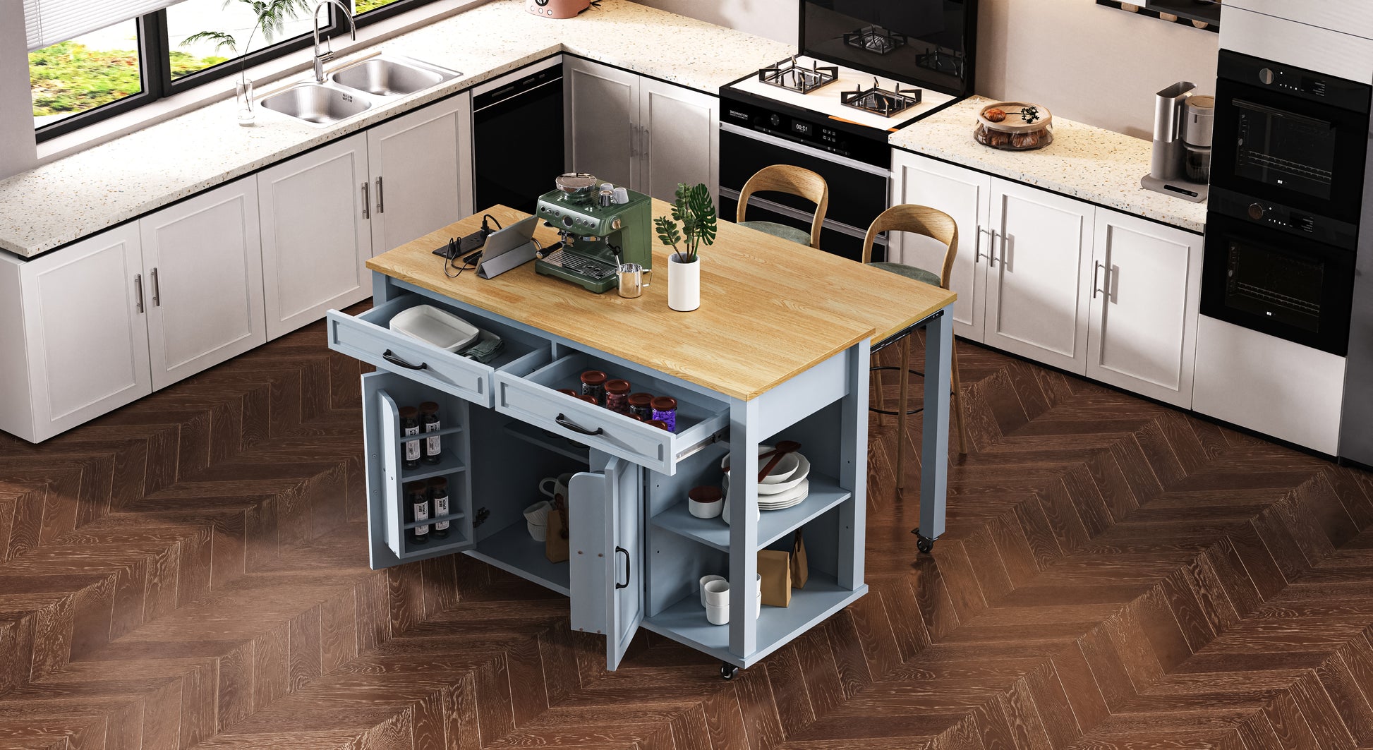 Green vintage espresso machine on kitchen island with wooden countertop