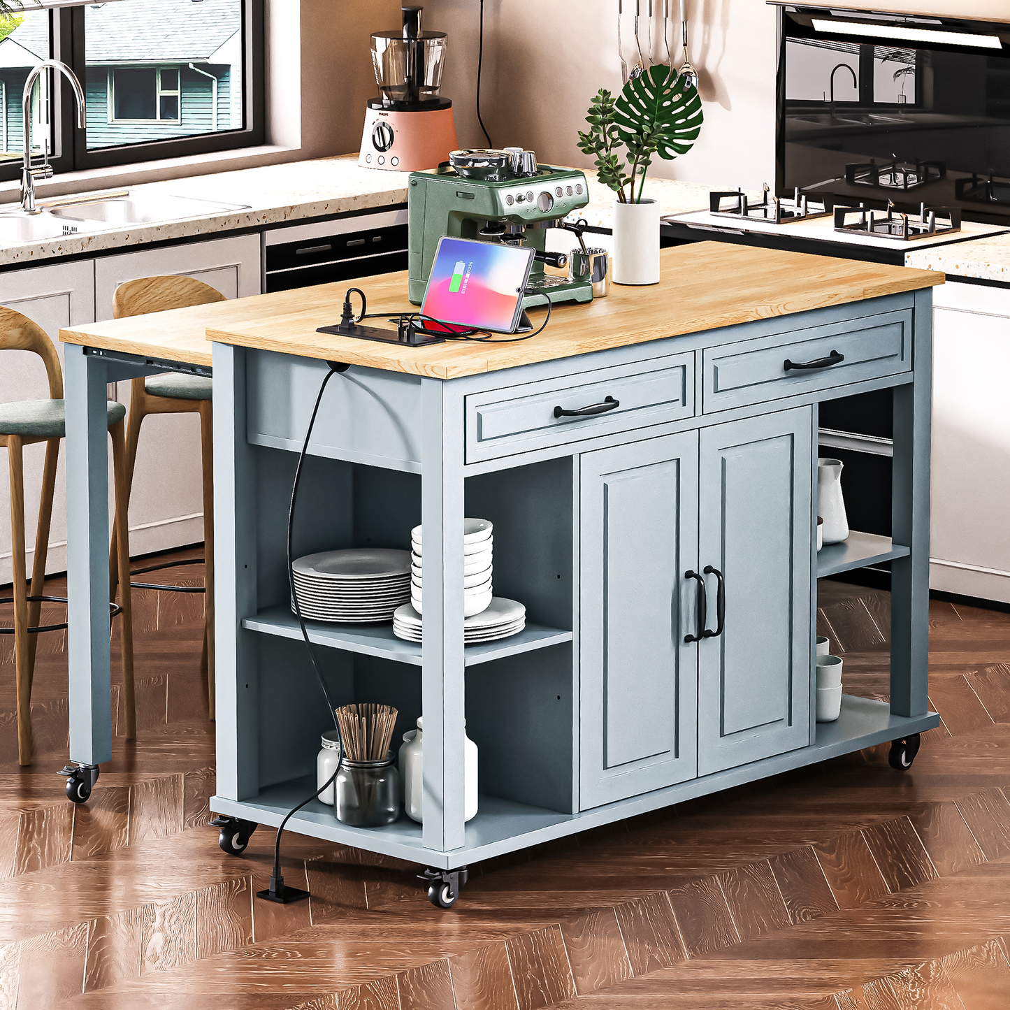 Light blue kitchen island with butcher block top black hardware and storage cabinets