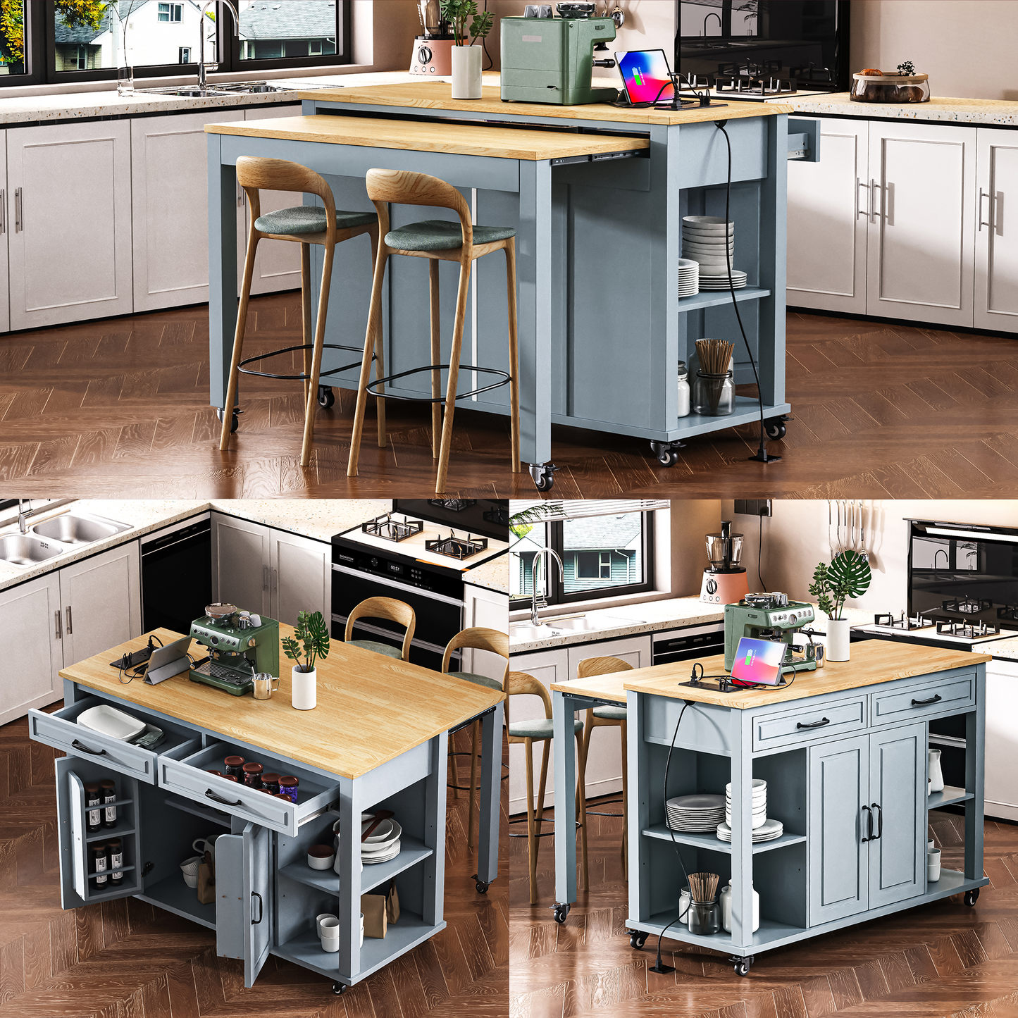 Blue kitchen island cart with wooden countertop and two bar stools