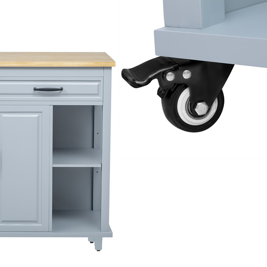 Light gray kitchen island with butcher block top and black locking caster wheel