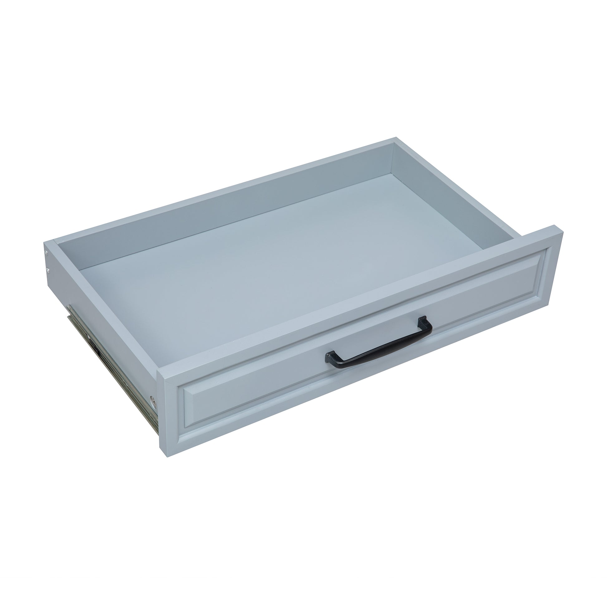 Light gray painted wooden drawer with black metal pull handle and drawer slides
