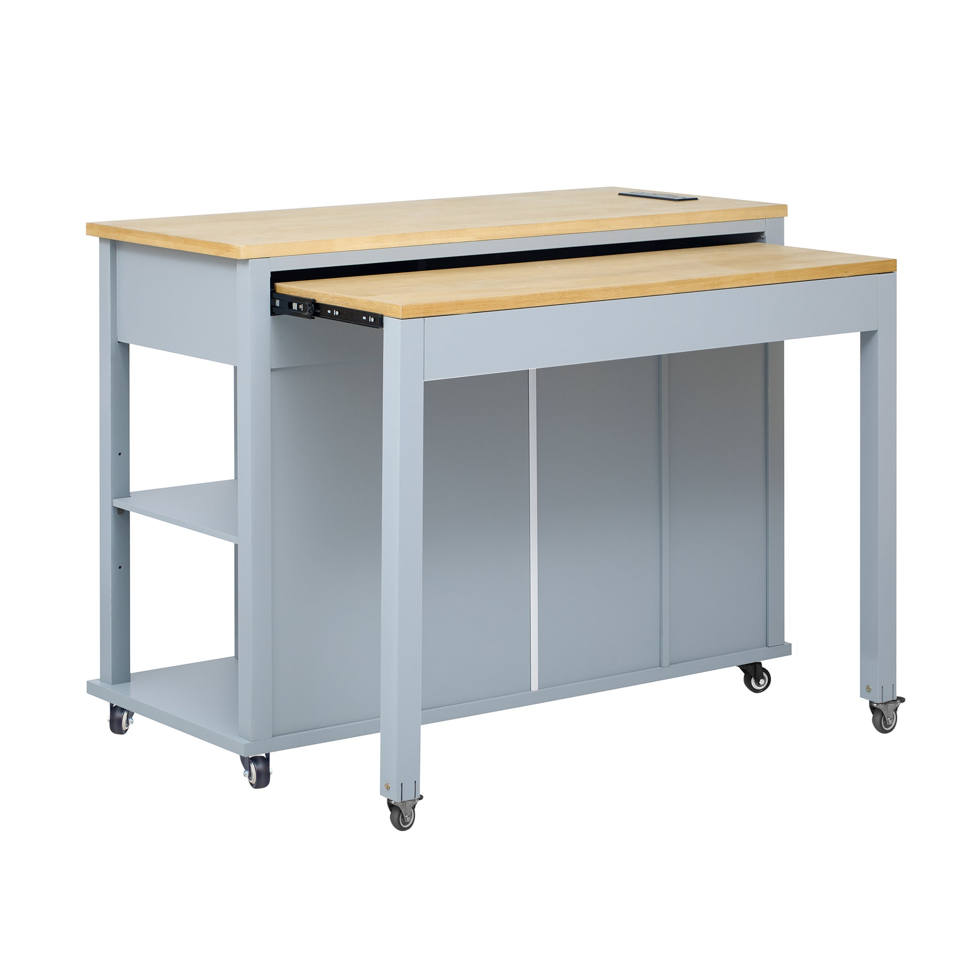 Gray kitchen island with wooden top and pullout shelf on casters