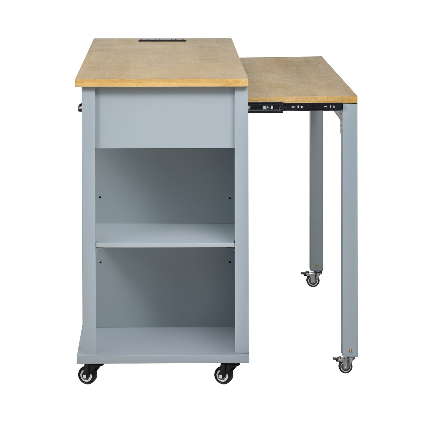Light grey mobile desk with wood top and two open shelves