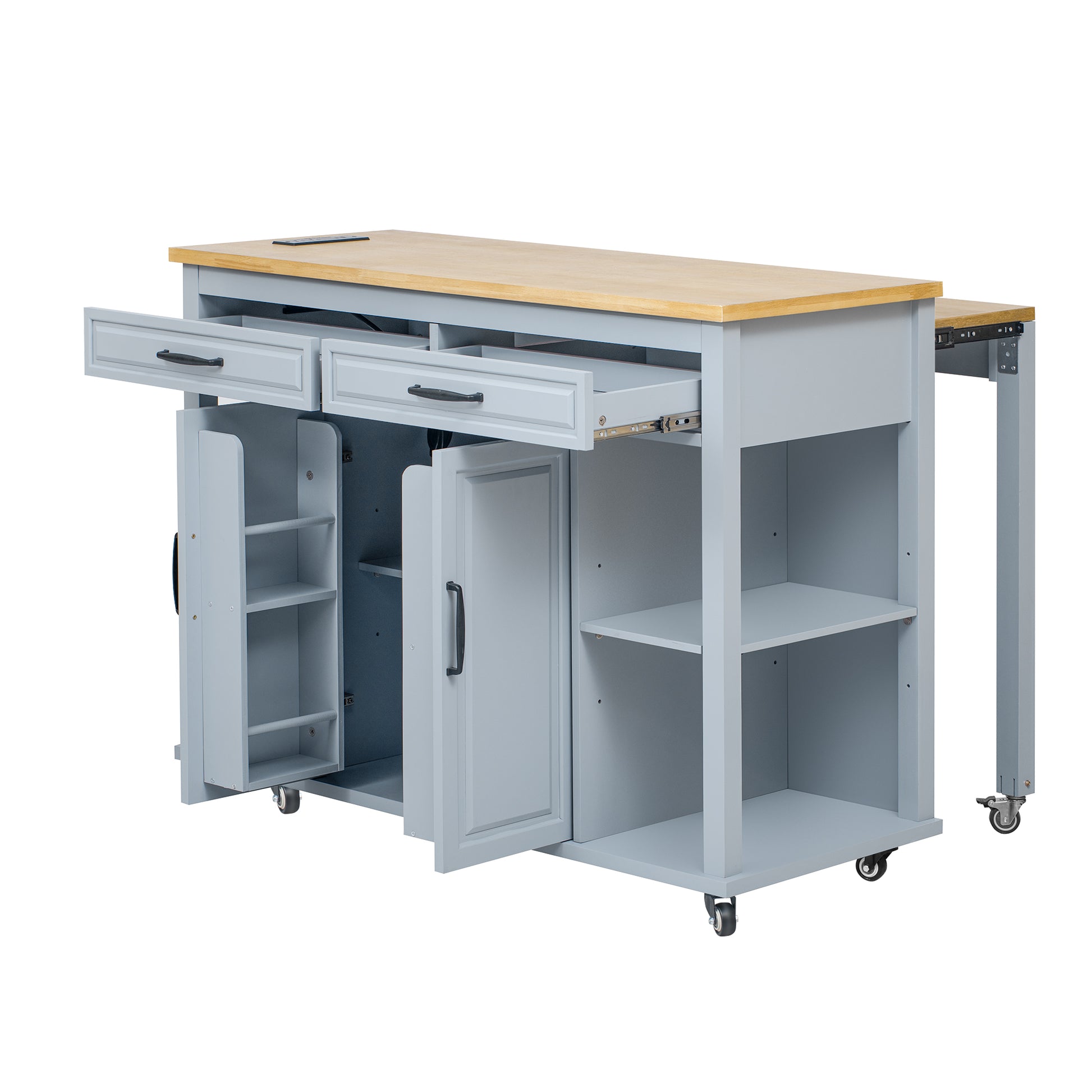 Gray kitchen island with a wooden top featuring open shelves drawers and cabinet doors
