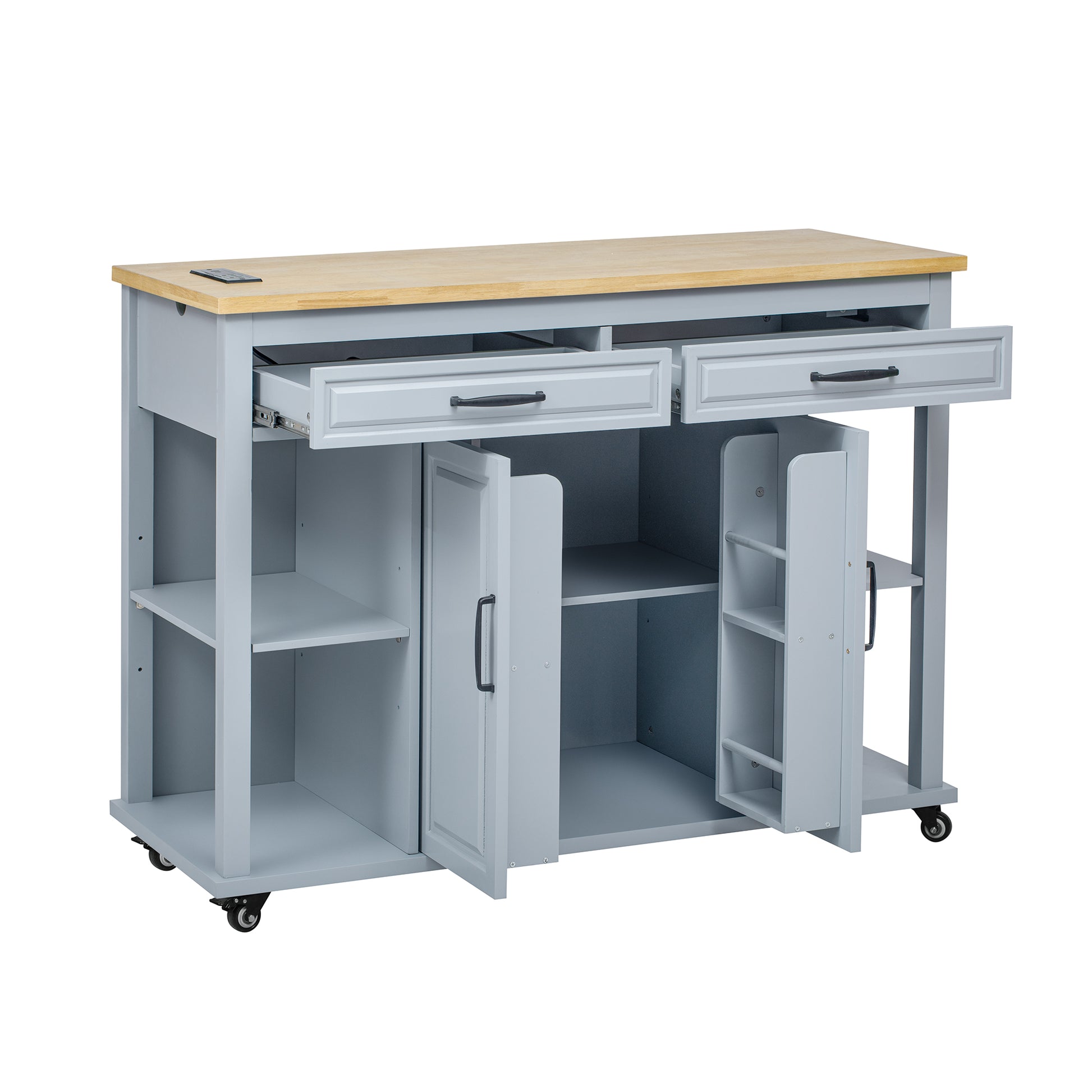 Grey kitchen island with butcher block top two drawers and two cabinet doors